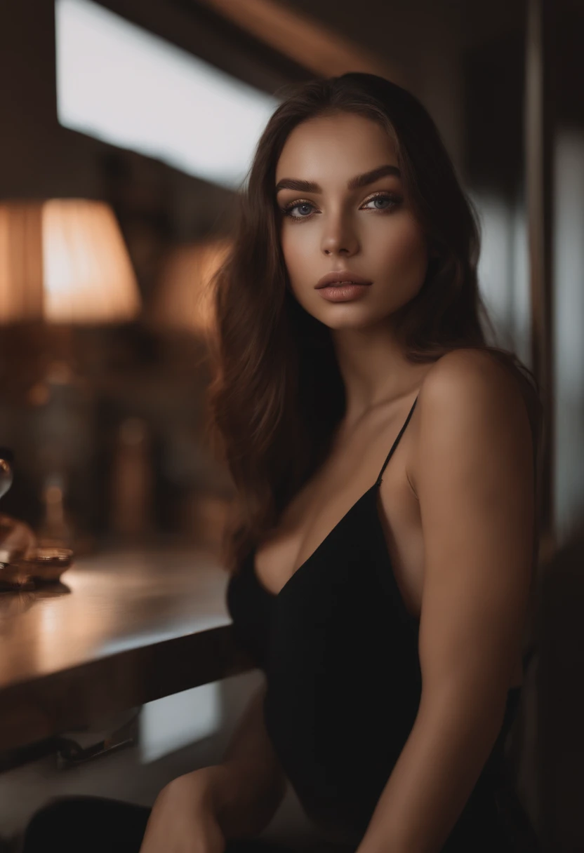 arafed woman with black clothes, sexy girl with brown eyes, portrait sophie mudd, brown hair and large eyes, selfie of a young woman, bedroom eyes, violet myers, without makeup, natural makeup, looking directly at the camera, face with artgram, subtle makeup, stunning full body shot, in gallery in front of the shops, cleavage