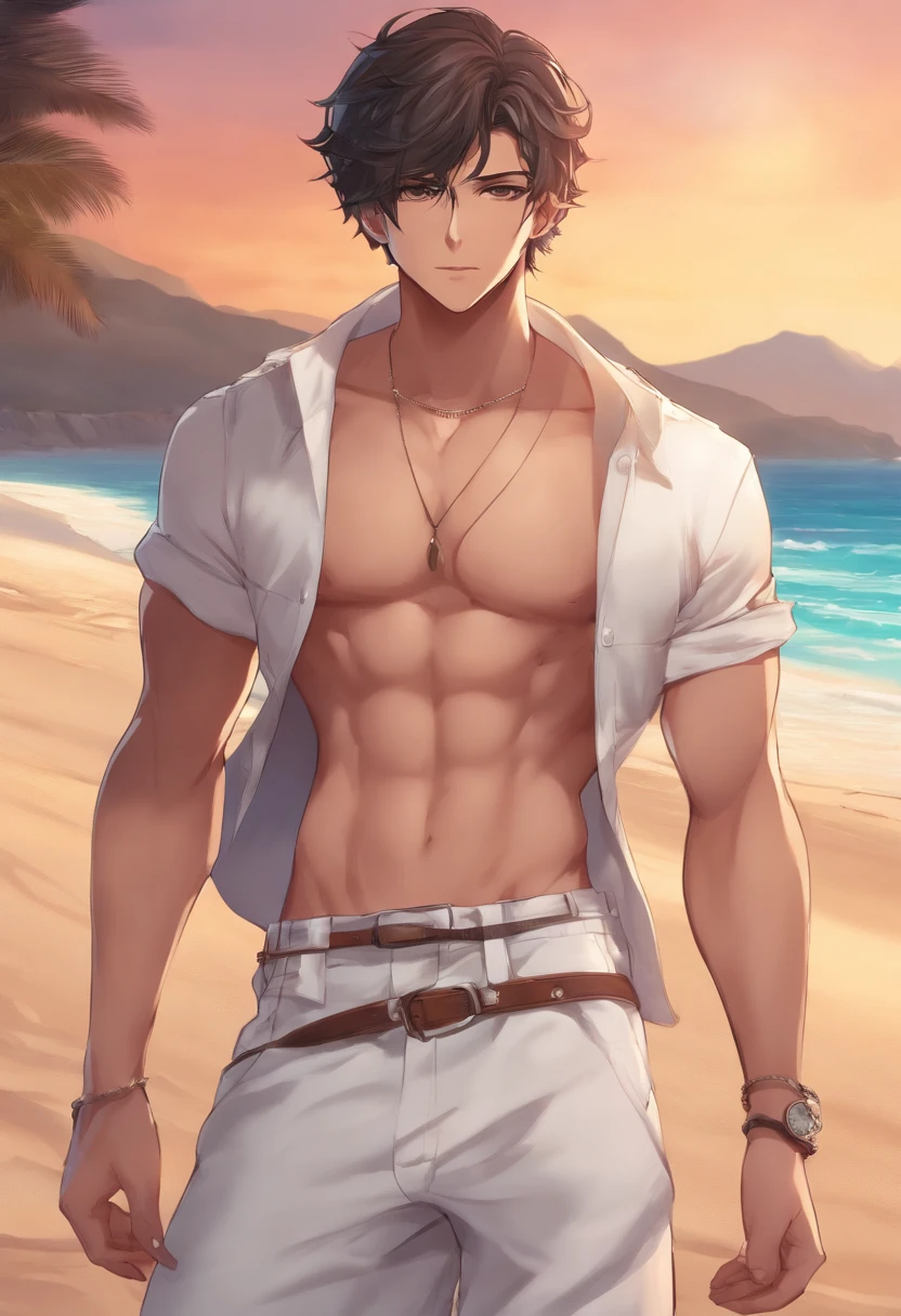 Anime style, 1 Male character around 23 years old, en la playa con pantalones cortos, semi musculosa y flaca, His cock is out of the shorts