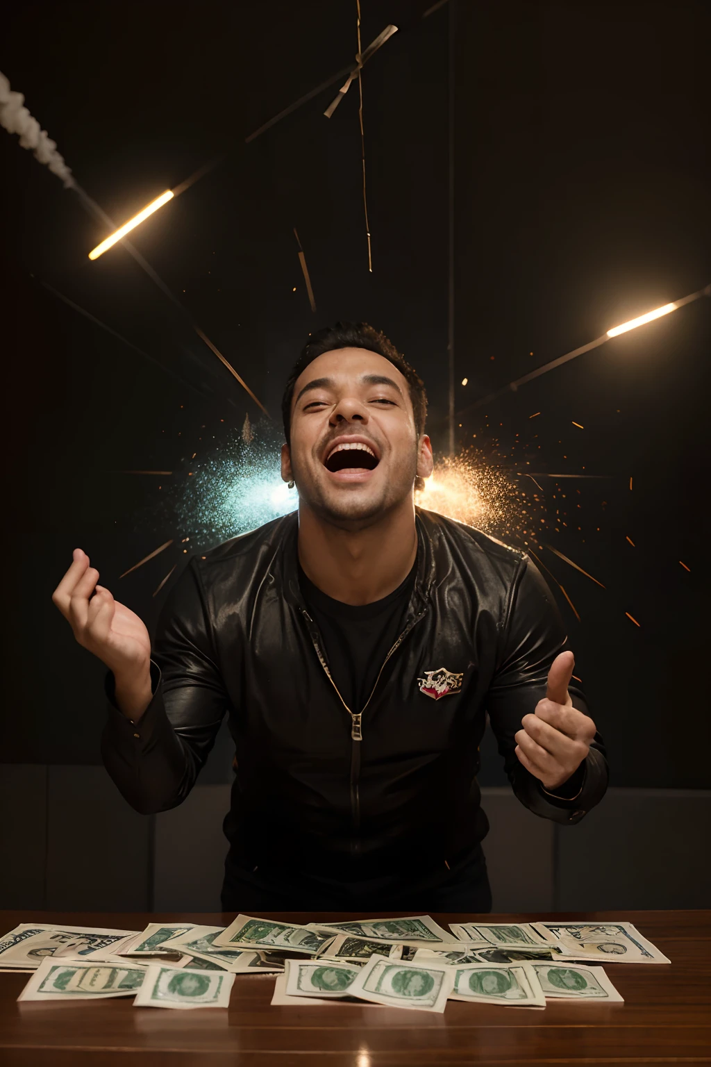 homem arafed com dinheiro voando ao seu redor em um fundo cinza, raining dollars, ostentando sua riqueza, feito de dinheiro, money falling from the sky, he is very happy, !!!!!!!!!!!!!!!!!!!!!!!!!, 🚀🌈🤩, muito muito rico, per un pugno di dollari, extremely high budget, muito animado, Big!!!!!!!!!!!!, sacos de dinheiro