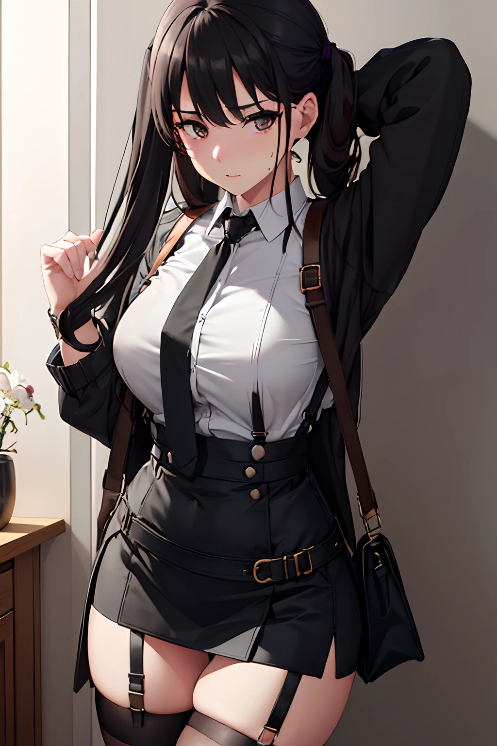 ,Belt bag,Suspenders Black Miniskirt garterbelts knee high Stockings Black Niso Colorcon armpit sweat perspiring Side of both hands,Black jacket,Gaze,ample bosom,Armpit sweat,Exposing the armpits"Tight clothes、Cuffed、wristbands Lie on the bed with your hands up