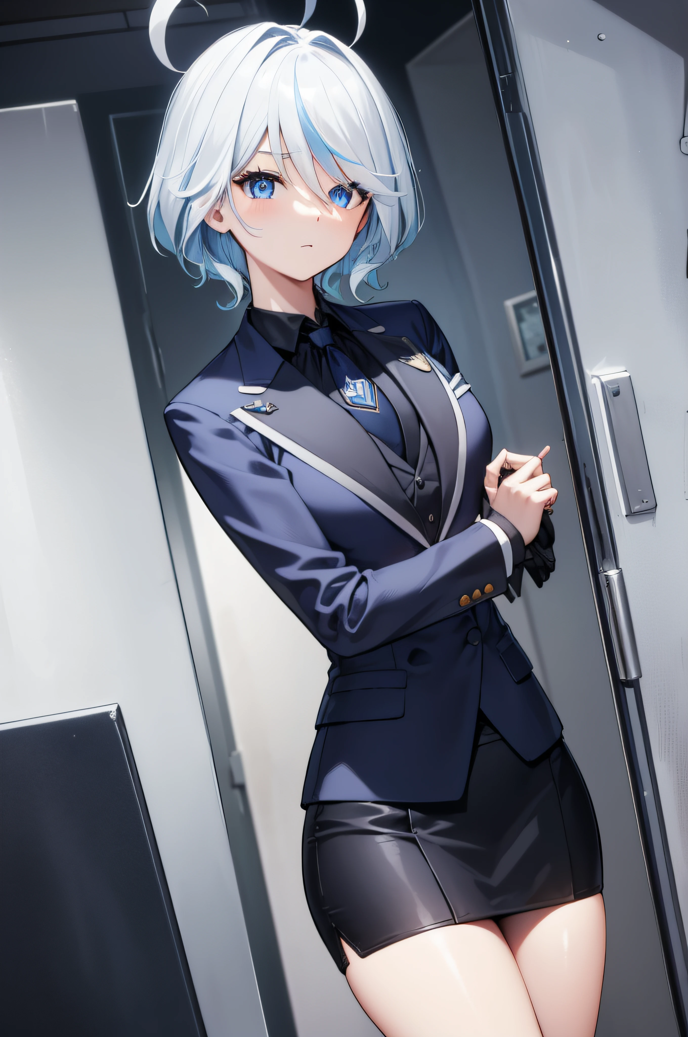 furina, furina, blue eyes, blue hair, cowlick, ahoge, hair over one eye, light blue hair, short hair,
BREAK asymmetrical gloves, black gloves, blue skirt suit, (((three-piece suit))), (((necktie))), dark dress shirt, shirt collar, blazer, (((suit jacket))), (((white waistcoat))), double-breasted waistcoat, bodycon miniskirt, pencil skirt,
BREAK looking at viewer,
BREAK indoors,
BREAK (masterpiece:1.2), best quality, high resolution, unity 8k wallpaper, (illustration:0.8), (beautiful detailed eyes:1.6), extremely detailed face, perfect lighting, extremely detailed CG, (perfect hands, perfect anatomy),
