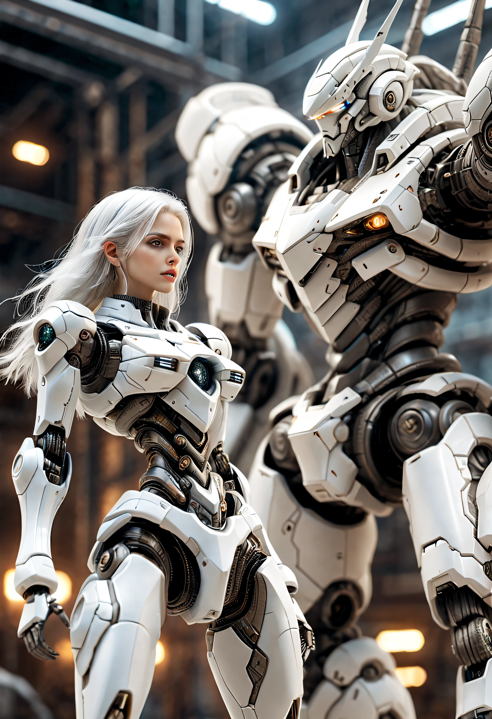 （（tmasterpiece，best qualtiy）），Beautiful 8K Ultra HD professional photos, Sharp focus, In a stunning fantasy world,Fully armed silver-haired girl and large mechanical robot structure，anatomy correct，Interstellar，Endless space，ssee-through，depth of fields，Magnificent space image scene，