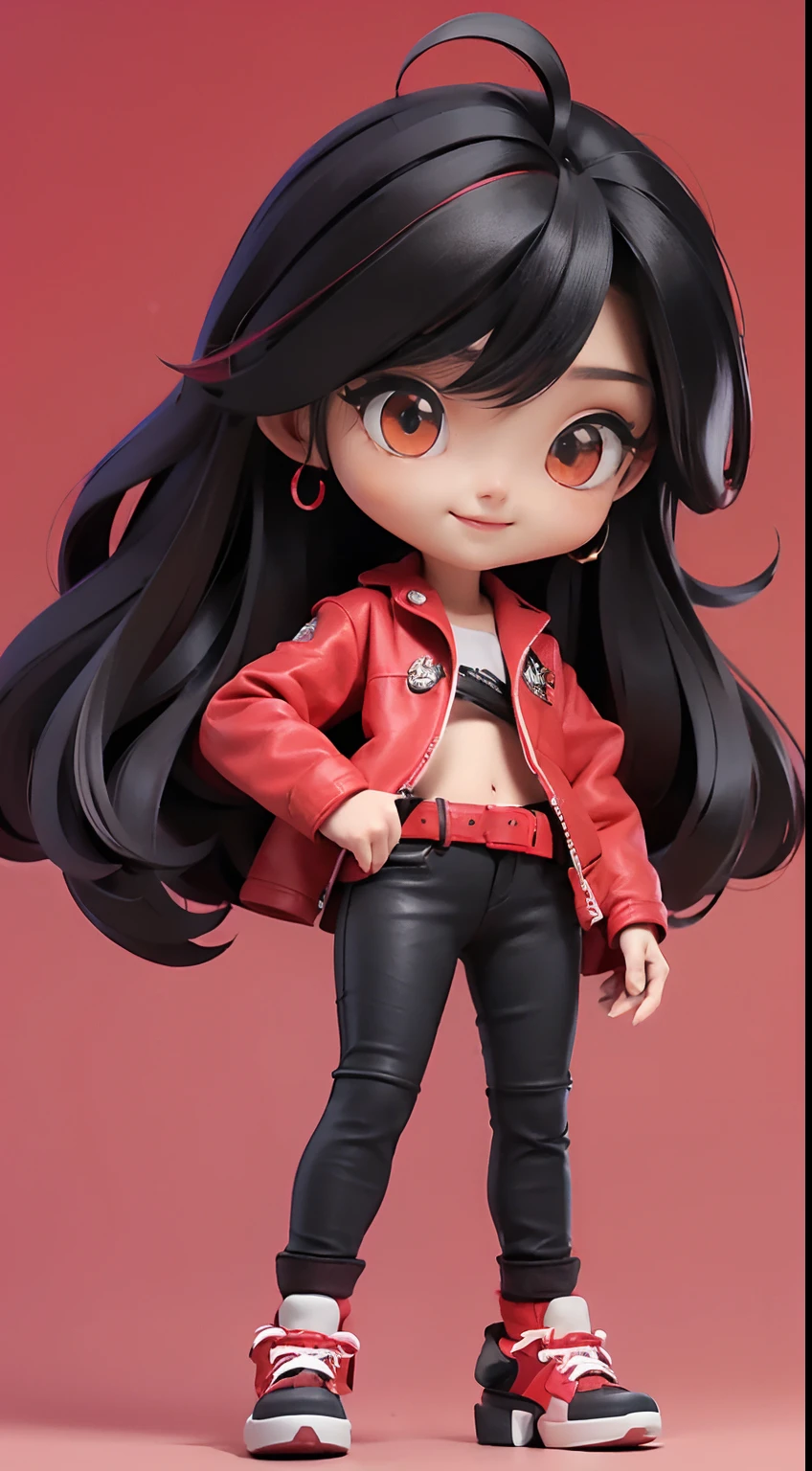 (Best Quality,4K,High resolution), 、((Long straight hair with red highlights on black hair、Red jacket with intricate décor、Navel Ejection、cross belt、Tight leather pants、))、Full body projection、Smile refreshingly、Chibi、sharp eye、Red eyeliner、long lashes、Beautiful red eyes、Comical depiction、kawaii illustration、Bustling background