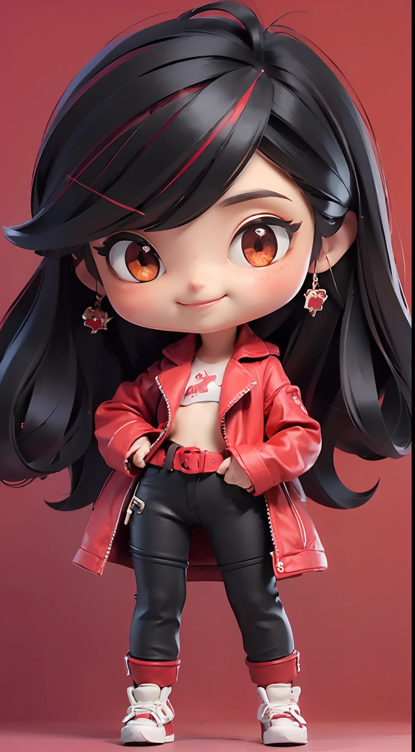 (Best Quality,4K,High resolution), 、((Long straight hair with red highlights on black hair、Red jacket with intricate décor、Navel Ejection、cross belt、Tight leather pants、))、Full body projection、Smile refreshingly、Chibi、sharp eye、Red eyeliner、long lashes、Beautiful red eyes、Comical depiction、kawaii illustration、Bustling background