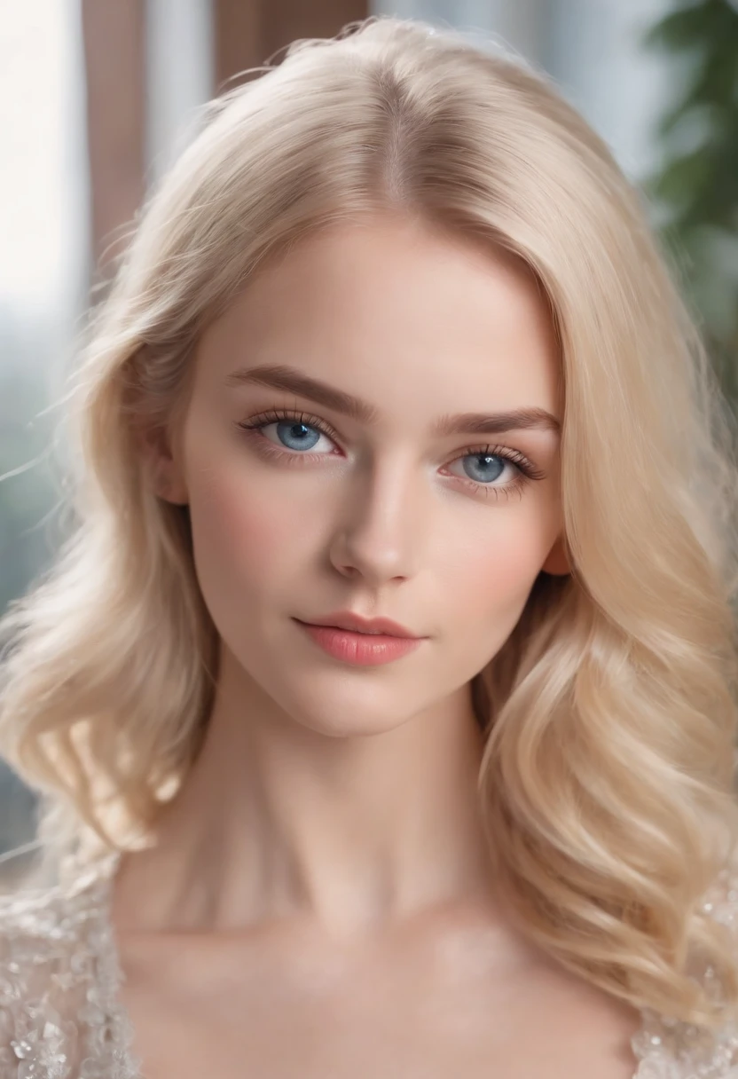 (blonde hair), blue eyes, fair skin, fine eyebrows, rosy cheeks, shiny lips, natural lighting.