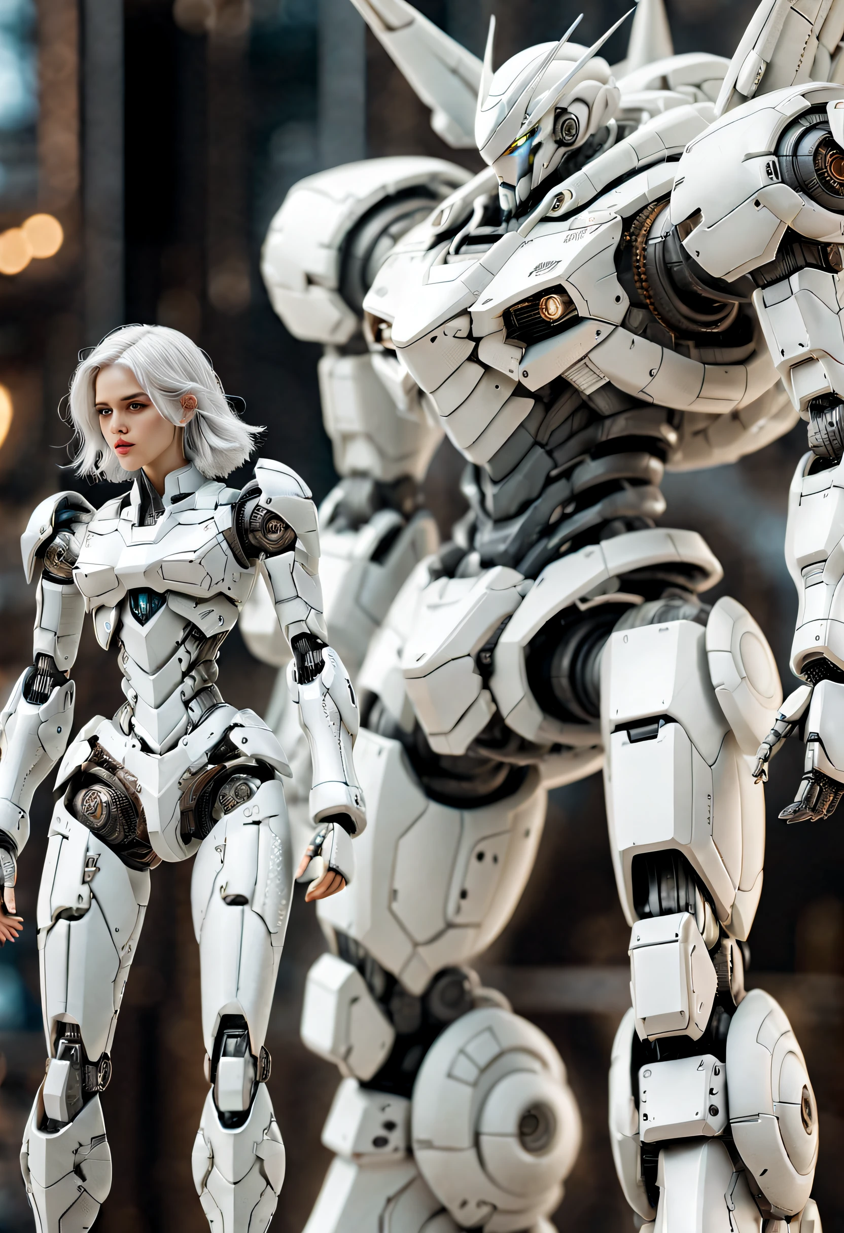 ((tmasterpiece,best qualtiy)),Beautiful 8K Ultra HD professional photos, Sharp focus, In a stunning fantasy world,Fully armed silver-haired girl and large mechanical robot structure,anatomy correct,Interstellar,Endless space,ssee-through,depth of fields,Magnificent space image scene,