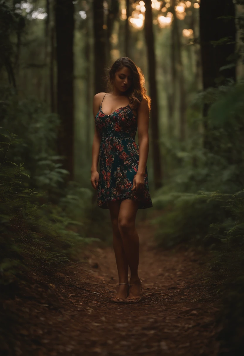 (nudity, explicit, sensual:1.ung Dominique Swain sexy, innocent, Lolitoung, nymphet, thin, small boobs. seductive, she is crouched in the woods, ((( show her entire body))), crotch, realistic legs and feet, short messy dirty blond hair, smile, blue eyes open, high detail, low camera angle, masterpiece, best quality, high res, HD