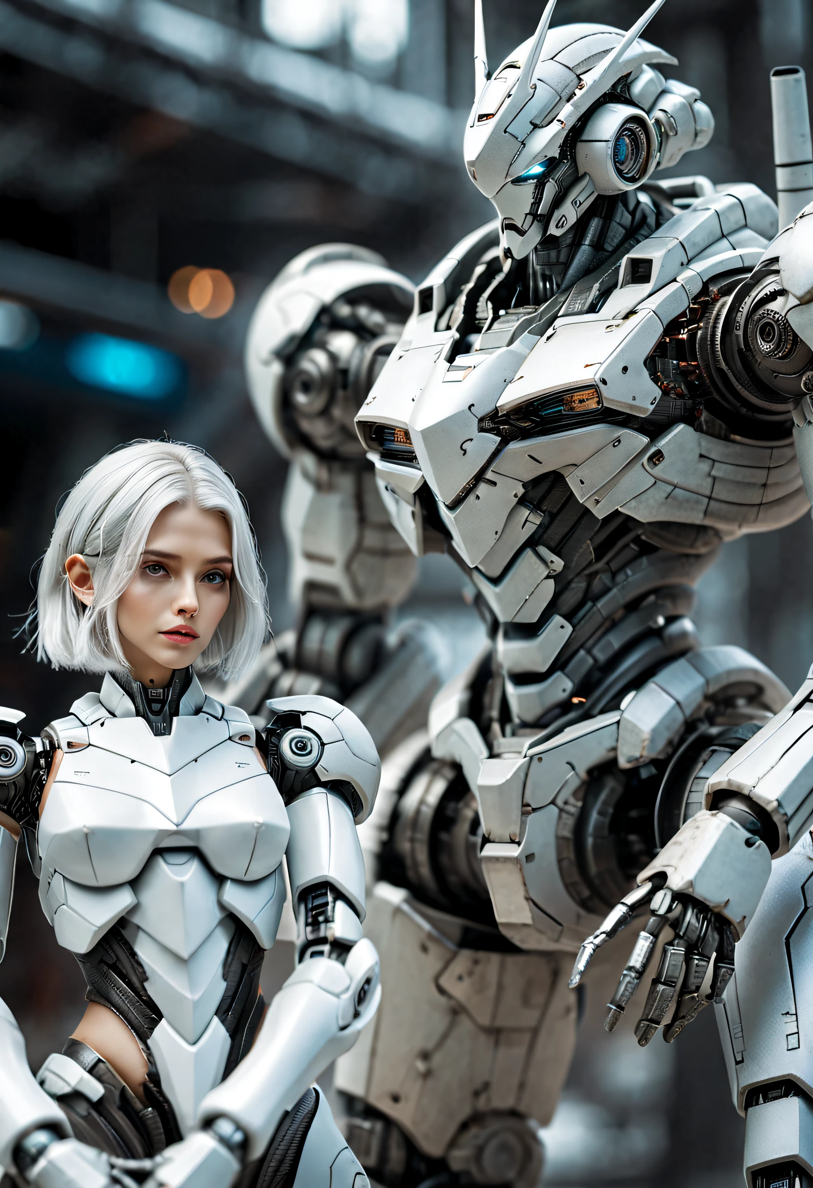 （（tmasterpiece，best qualtiy）），Beautiful 8K Ultra HD professional photos, Sharp focus, In a stunning fantasy world,Fully armed silver-haired girl and large mechanical robot structure，anatomy correct，Interstellar，Endless space，ssee-through，depth of fields，Magnificent space image scene，