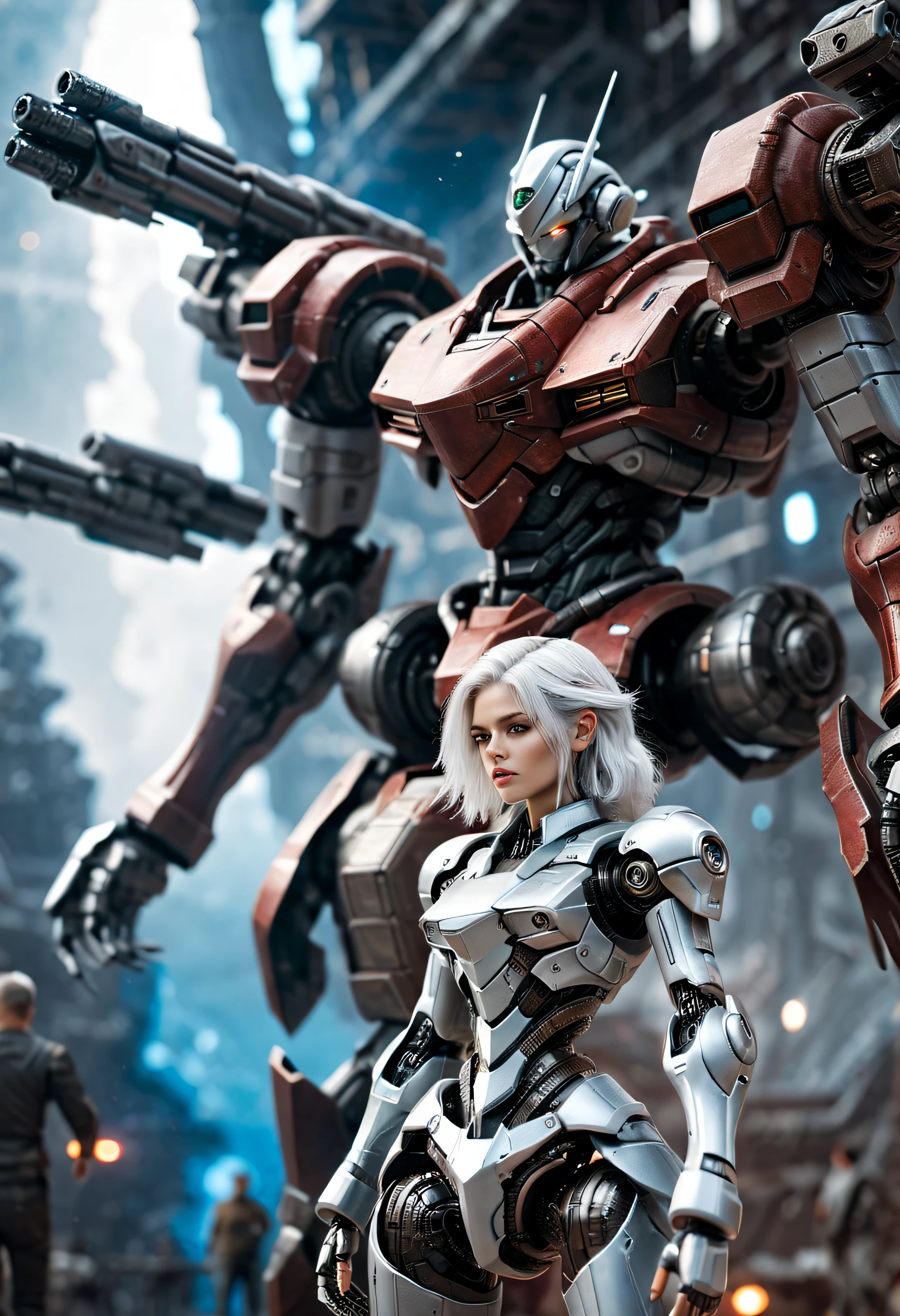 （（tmasterpiece，best qualtiy）），Beautiful 8K Ultra HD professional photos, Sharp focus, In a stunning fantasy world,Fully armed silver-haired girl and large mechanical robot structure，anatomy correct，Interstellar，Endless space，ssee-through，depth of fields，Magnificent space image scene，