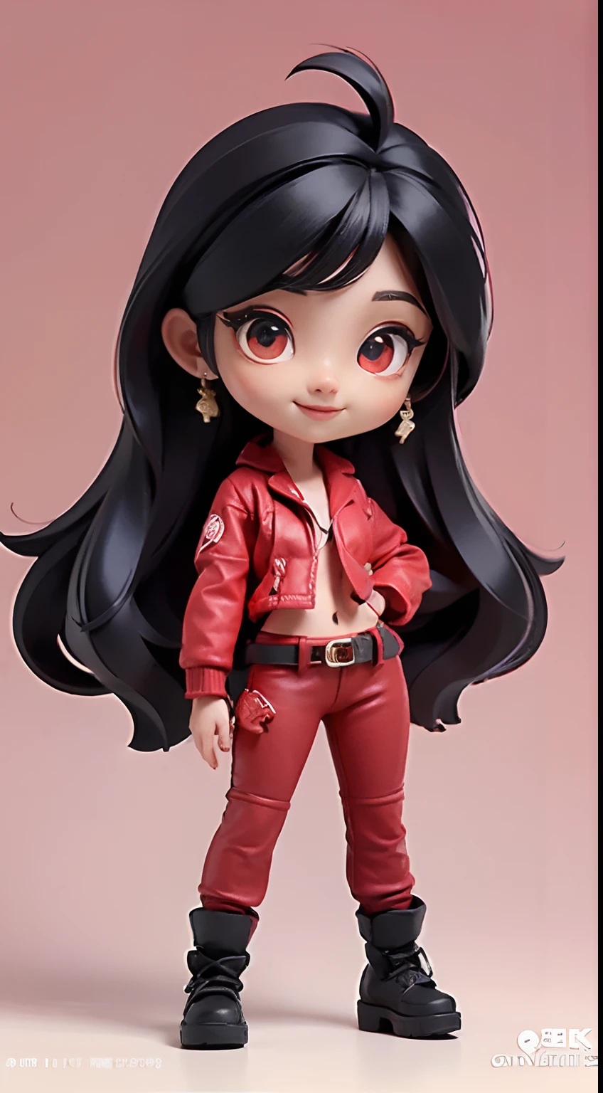 (Best Quality,4K,High resolution), tiny girl、((Long straight hair with red highlights on black hair、Red jacket with intricate décor、Navel Ejection、cross belt、Tight leather pants、))、Full body projection、Smile refreshingly、Chibi、sharp eye、Red Eyeliner、long lashes、Beautiful red eyes、Comical depiction、kawaii illustration、Bustling background