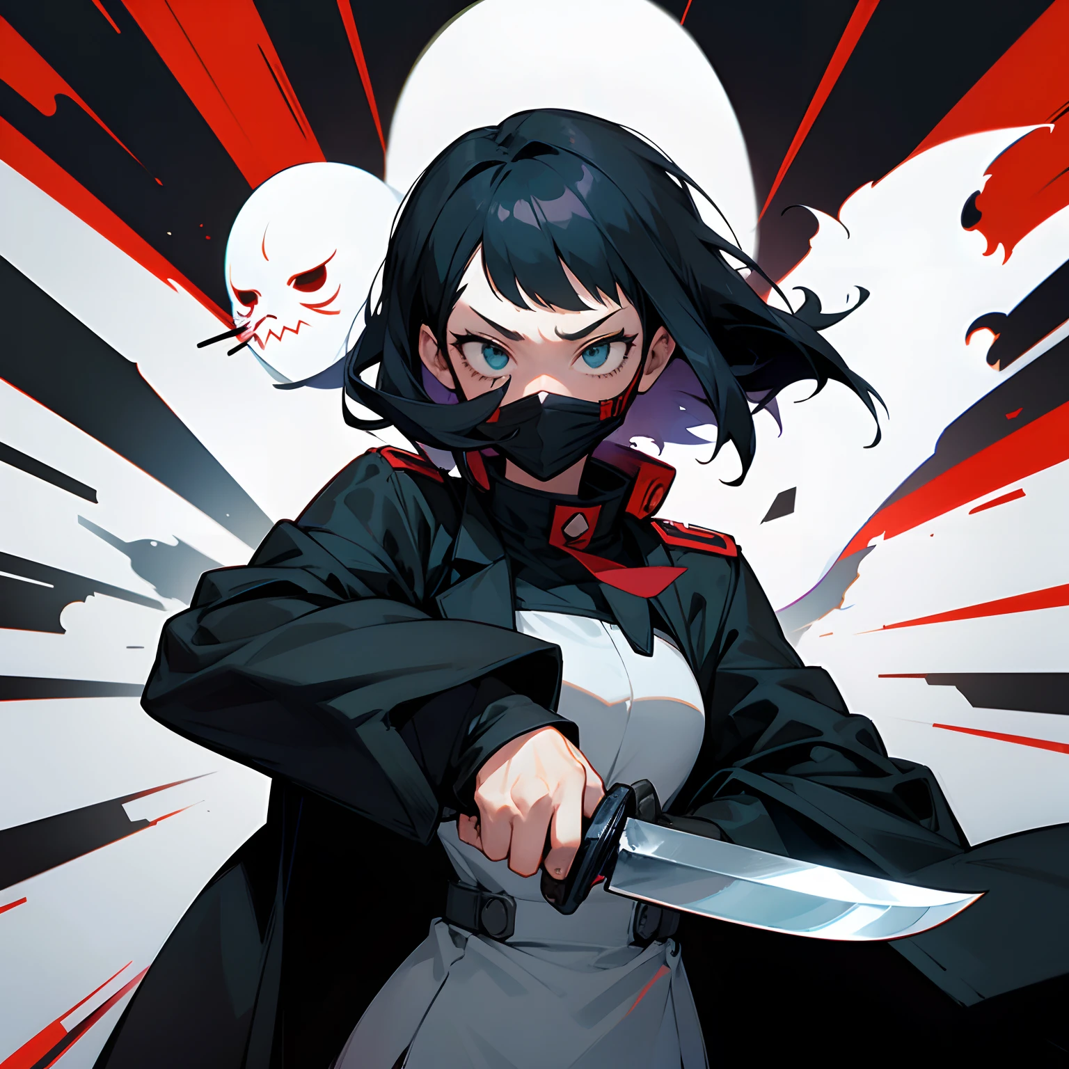 “My Hero Academia Style” “Ghostface” “Knife In Hand” “Female” “Anime Style” “Ultra” “Scream Mask” “Black Coat” “Black Hair” “Bloody Knife”