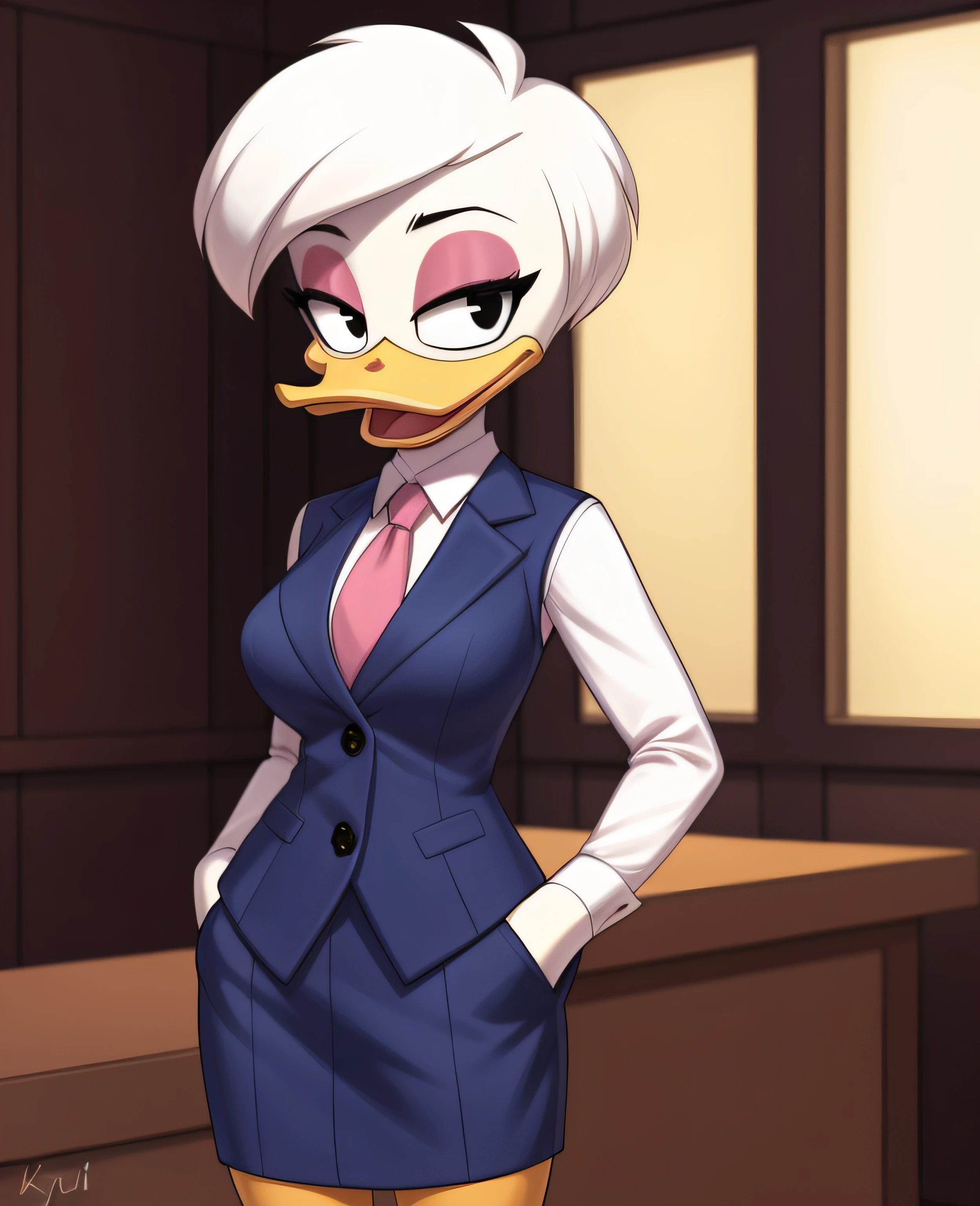 (ducktales:1.2) (ducktales:1.2) (by kyurisawa:1.2) (by chelodoy:1) (by ashraely:1) BREAK daisy duck, beak, white skin, white body, white hair, short hair, female, breasts, orange legs,  clothed, clothing, mouth closed, eyeliner, pink eyeshadow, black eyebrows, black eyes, inside, mansion, night (tired:1.3) looking at viewer, skirt suit, (((three-piece suit))), (((necktie))), blazer, (((suit jacket))), (((suit shirt))), (((dress shirt))), (((waistcoat))), double-breasted waistcoat, bodycon miniskirt, pencil skirt, cufflinks, pocket square, tie clip, pocket watch, hand on hip, open mouth, tongue