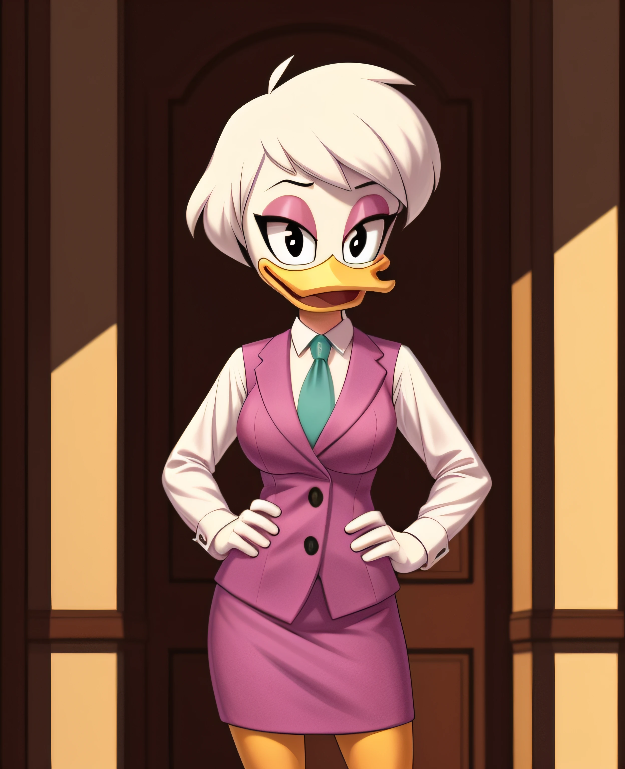 (ducktales:1.2) (ducktales:1.2) (by kyurisawa:1.2) (by chelodoy:1) (by ashraely:1) BREAK daisy duck, beak, white skin, white body, white hair, short hair, female, breasts, orange legs,  clothed, clothing, mouth closed, eyeliner, pink eyeshadow, black eyebrows, black eyes, inside, mansion, night (tired:1.3) looking at viewer, skirt suit, (((three-piece suit))), (((necktie))), blazer, (((suit jacket))), (((suit shirt))), (((dress shirt))), (((waistcoat))), double-breasted waistcoat, bodycon miniskirt, pencil skirt, cufflinks, pocket square, tie clip, pocket watch, hand on hip, open mouth, tongue