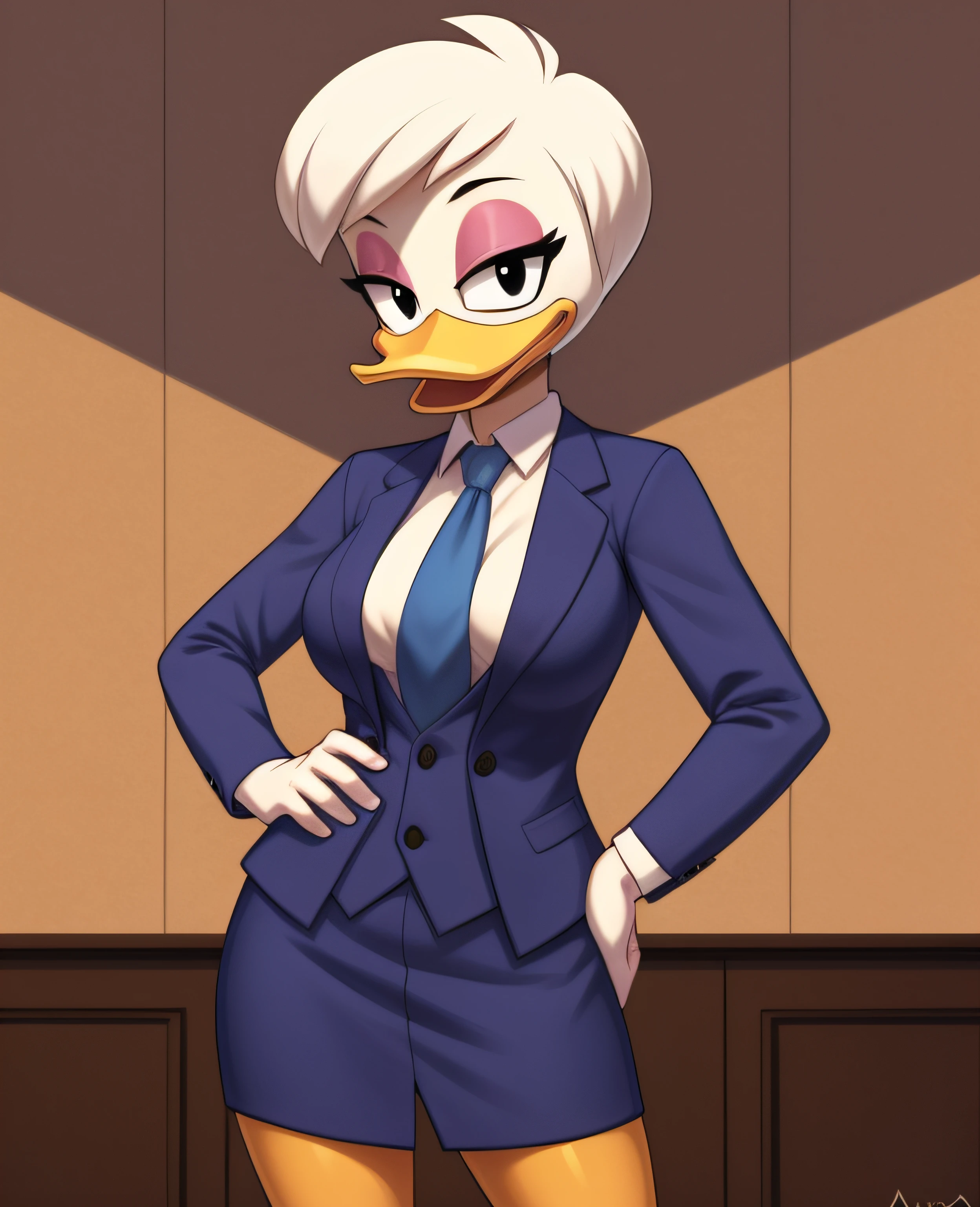 (ducktales:1.2) (ducktales:1.2) (by kyurisawa:1.2) (by chelodoy:1) (by ashraely:1) BREAK daisy duck, beak, white skin, white body, white hair, short hair, female, breasts, orange legs,  clothed, clothing, mouth closed, eyeliner, pink eyeshadow, black eyebrows, black eyes, inside, mansion, night (tired:1.3) looking at viewer, skirt suit, (((three-piece suit))), (((necktie))), blazer, (((suit jacket))), (((suit shirt))), (((dress shirt))), (((waistcoat))), double-breasted waistcoat, bodycon miniskirt, pencil skirt, hand on hip, open mouth, tongue