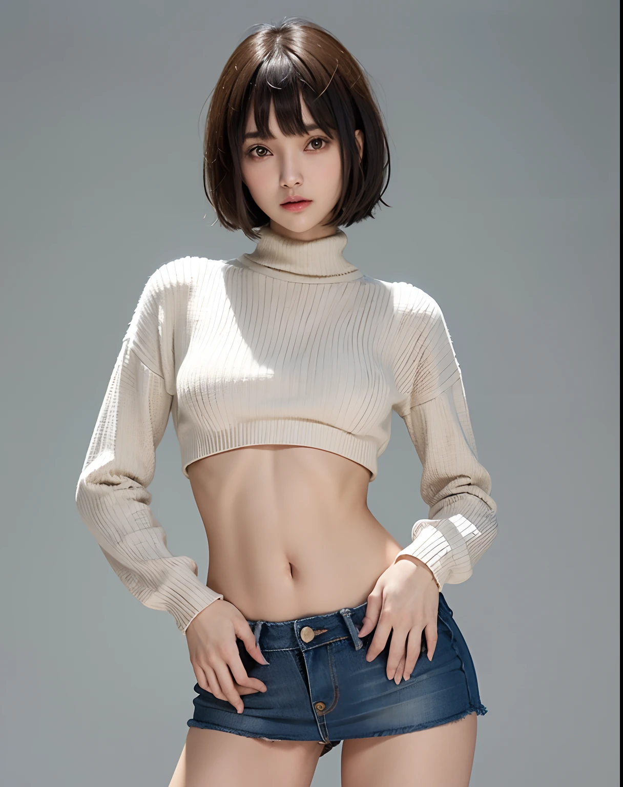 zydG, 1girl, More skin, toView, brown-eyed, (Shorthair with bangs:1.2), (middlebreast:1.0), (medium areolae:0.8),
(Photorealsitic:1.4), (Top image quality:1.0), (超A high resolution:1.0), 8K, RAW Photography, (masterpiece:0.2), (pureerosface_v1:0.5)、 ((wide open abdomen))、((open abdomen))、((wide open navel))、((open navel))、((Bare belly))、((Mid-Riff Sweater))、((Ultra-low rise、Denim Mini Skirt))、 ((Navel Ejection))、((small hips))、((Full body depiction))、((small hip))、(long boots)、((Ultra-low rise))、 ((Denim Mini Skirt))、((is standing))、
