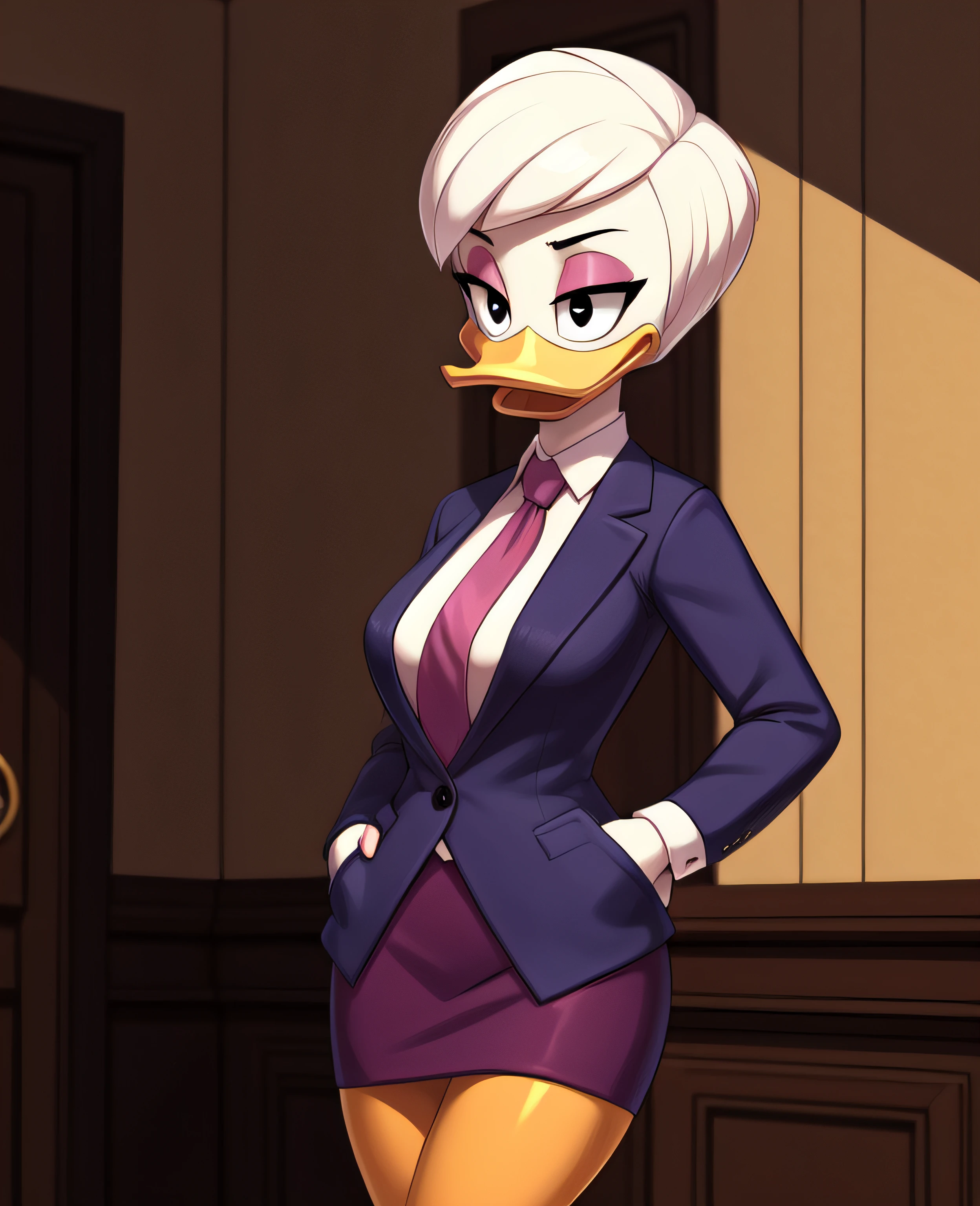 (ducktales:1.2) (ducktales:1.2) (by kyurisawa:1.2) (by chelodoy:1) (by ashraely:1) BREAK daisy duck, beak, white skin, white body, white hair, short hair, female, breasts, orange legs,  clothed, clothing, mouth closed, eyeliner, pink eyeshadow, black eyebrows, black eyes, inside, mansion, night (tired:1.3) looking at viewer, skirt suit, (((three-piece suit))), (((necktie))), blazer, (((suit jacket))), (((suit shirt))), (((dress shirt))), (((waistcoat))), double-breasted waistcoat, bodycon miniskirt, pencil skirt, cufflinks, pocket square, tie clip, pocket watch, hand on hip, open mouth, tongue