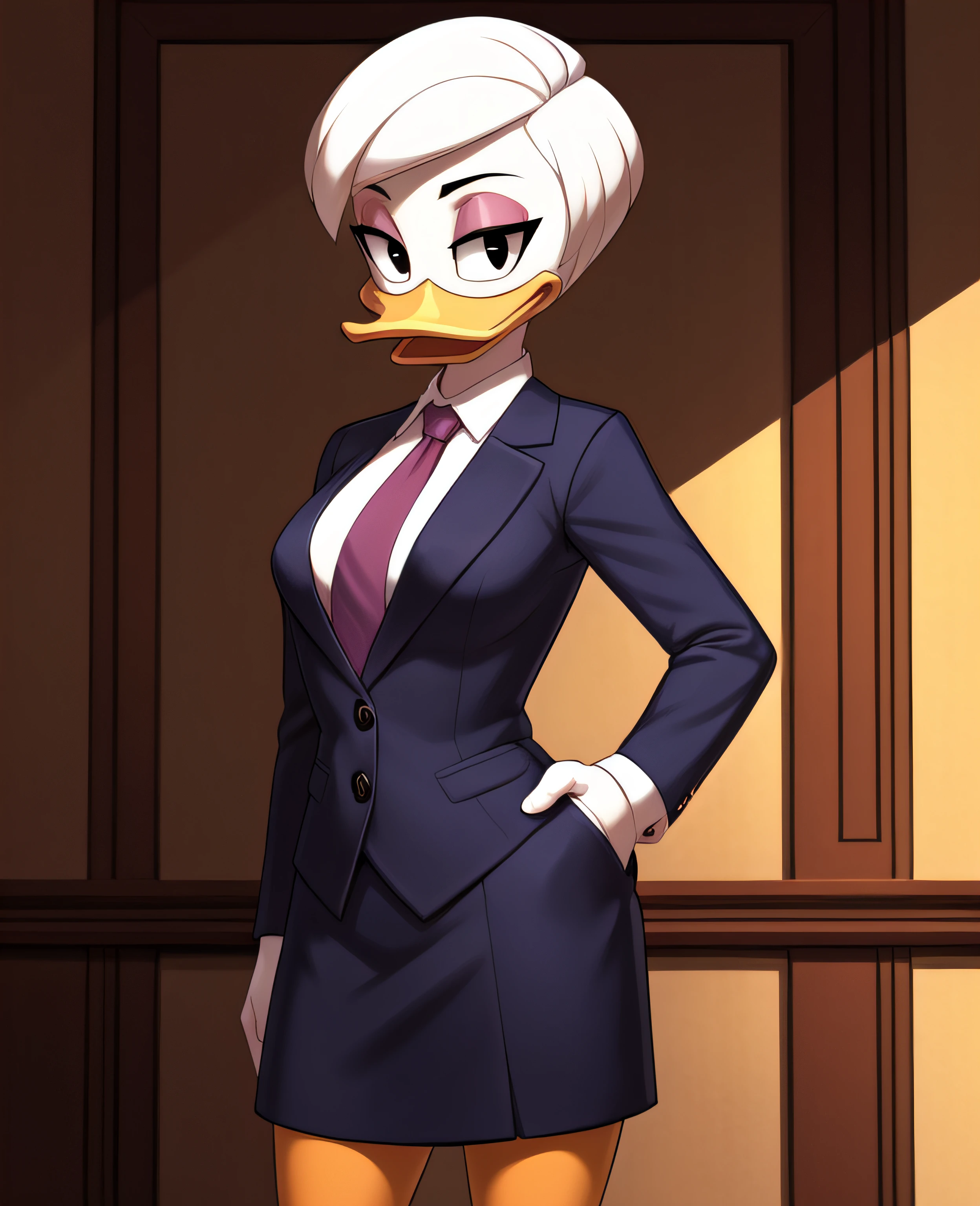 (ducktales:1.2) (ducktales:1.2) (by kyurisawa:1.2) (by chelodoy:1) (by ashraely:1) BREAK daisy duck, beak, white skin, white body, white hair, short hair, female, breasts, orange legs,  clothed, clothing, mouth closed, eyeliner, pink eyeshadow, black eyebrows, black eyes, inside, mansion, night (tired:1.3) looking at viewer, skirt suit, (((three-piece suit))), (((necktie))), blazer, (((suit jacket))), (((suit shirt))), (((dress shirt))), (((waistcoat))), double-breasted waistcoat, bodycon miniskirt, pencil skirt, cufflinks, pocket square, tie clip, pocket watch, hand on hip, open mouth, tongue