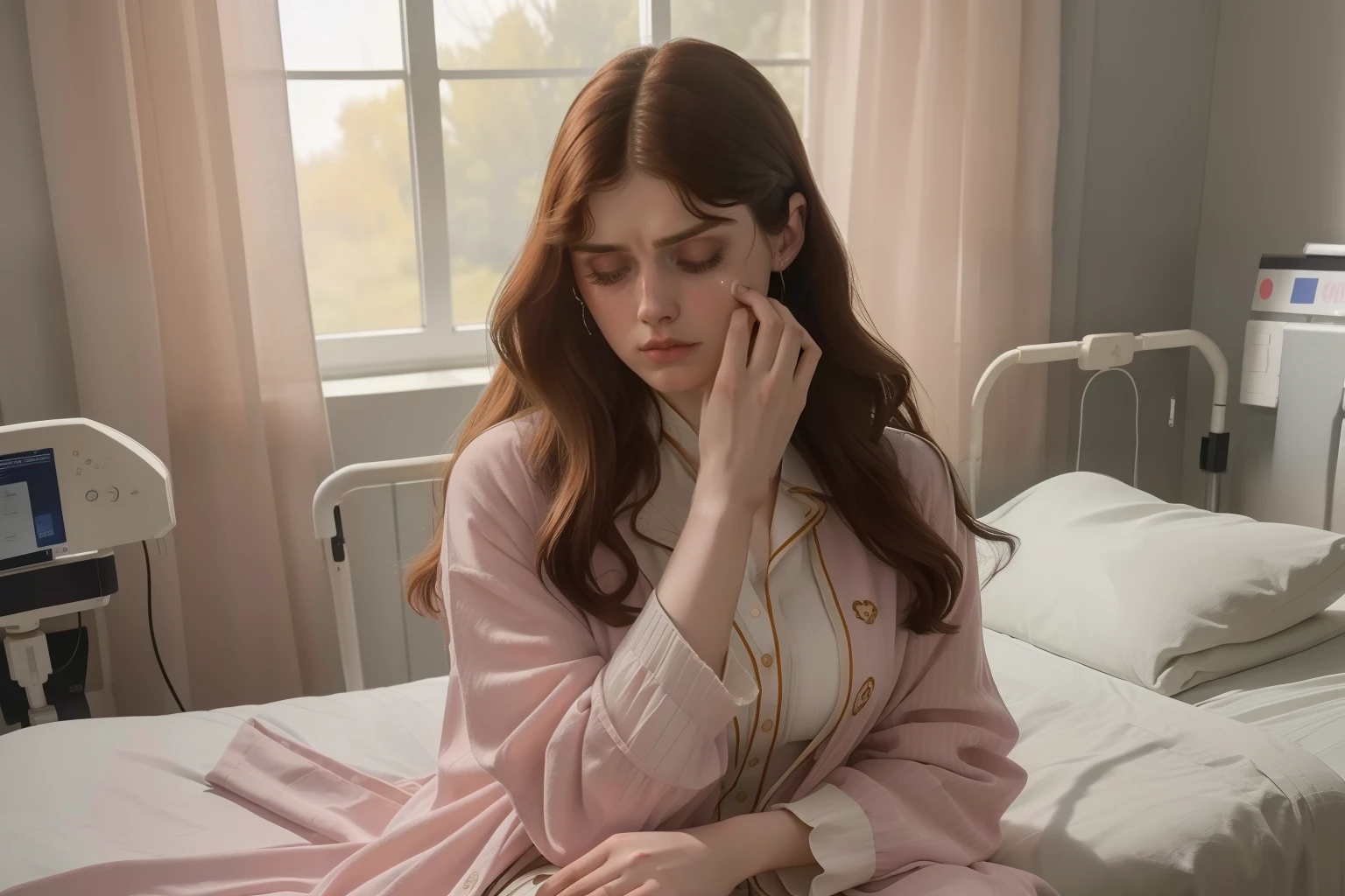 year: 2023. Location: England. Pre-Raphaelite scene with a 32-year-old Alexandra Daddario, ((hospital)) pyjammas, sad, crying, ((big tears)), ((((Clothing from the 2020s)))) ((Hairstyle of the 2020s)), ((("OMITB" cinematography)))