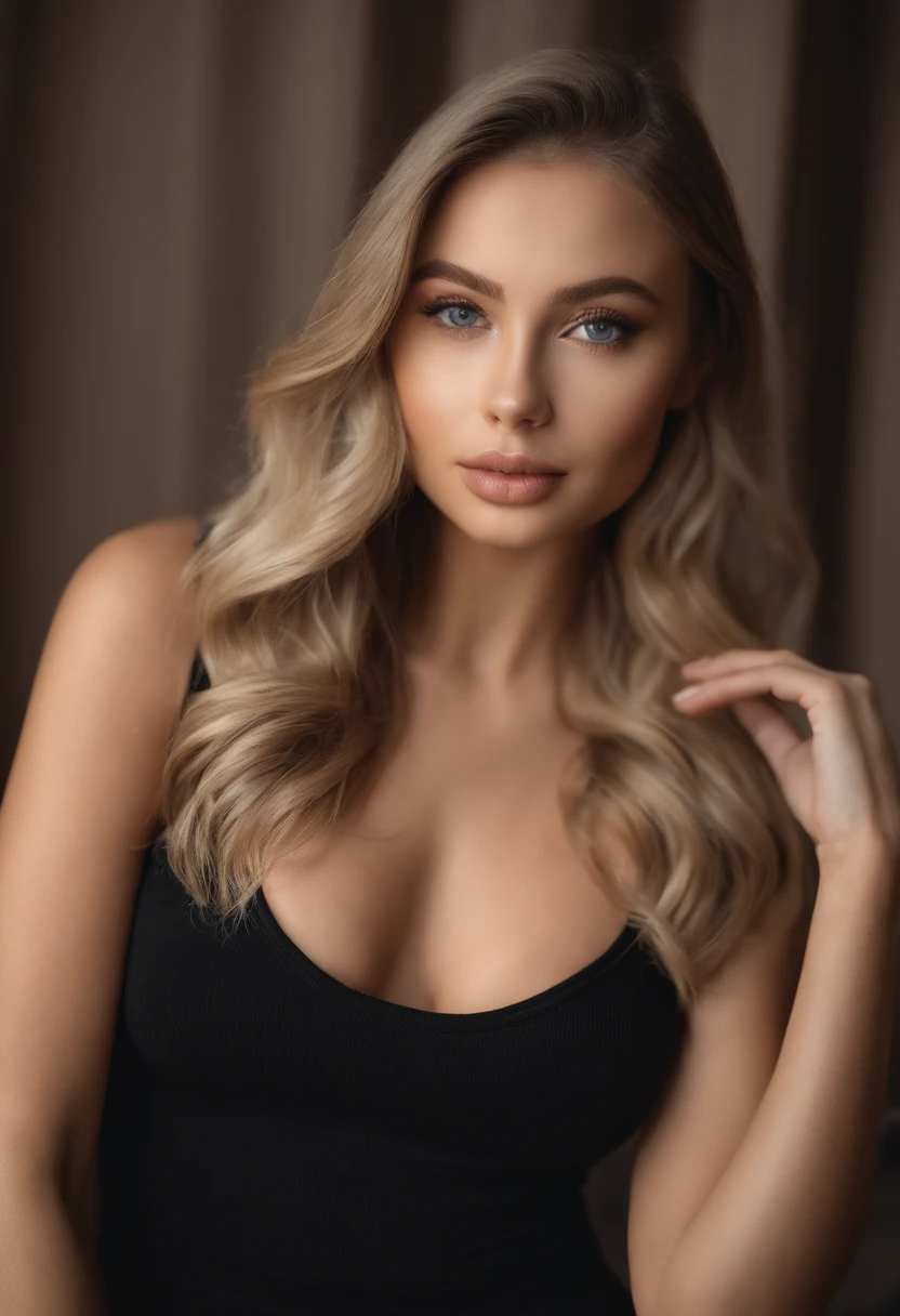 A woman in a matching T-shirt and panties, Sexy girl with blue eyes, portrait sophie mudd, Portrait of de Corinnne Kopf, blonde hair and large eyes, selfie of a young woman, Макияж Without, natural makeup, Look directly into the camera, face with artgram, dezentes Make-up, Excellent full-length photography, in a room, big breastes, blonde, Latina