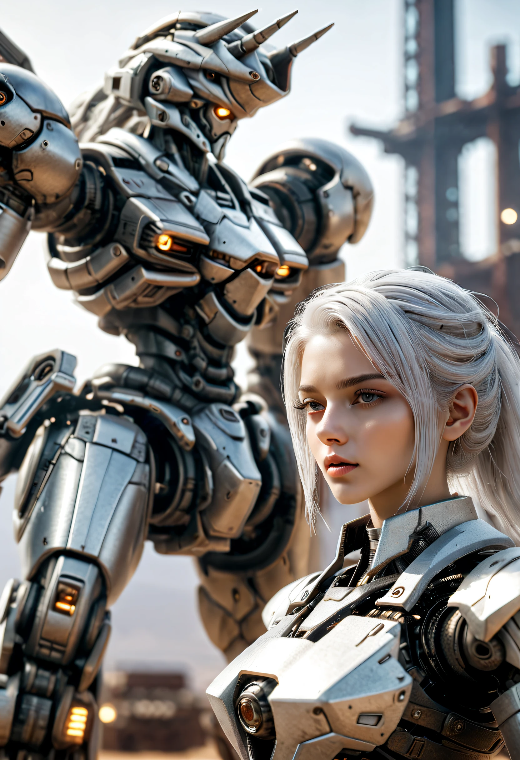 （（tmasterpiece，best qualtiy）），Beautiful 8K Ultra HD professional photos, Sharp focus, In a stunning fantasy world,Fully armed silver-haired girl and large mechanical robot structure，anatomy correct，Interstellar，Endless space，ssee-through，depth of fields，Magnificent space image scene，