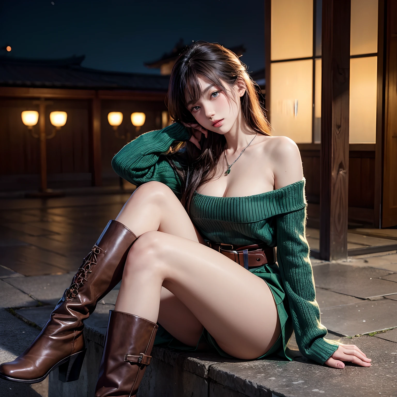 (masutepiece:1.3, Photorealsitic:1.4, 8K), top-quality, ​masterpiece, 超A high resolution, Perfect dynamic composition, Highly detailed skin and facial texture:1.3, A detailed eye, Detailed limbs, Street corner on an autumn night:1.1, 1girl in, Cute sexy 19 year old tall Japan woman, Fair skin, tilt the neck, (Enraptured look:1.1, Furiously tempts you:0.9), (Wearing an emerald green off-the-shoulder long sweater:1.1), (Huge chest on the verge of bursting:1.05), cleavage:0.7, ((Beautiful blue eyes, Eyes that feel beautiful eros:0.85)), a belt, Denim tight skirt, Brown Long Boots, (Beautiful legs, cross-legs sitting), Sexy face:0.4, red blush:1.1, ((A mouthfeel that feels beautiful eros:0.85)), ((Too erotic:0.9)), Silver necklace