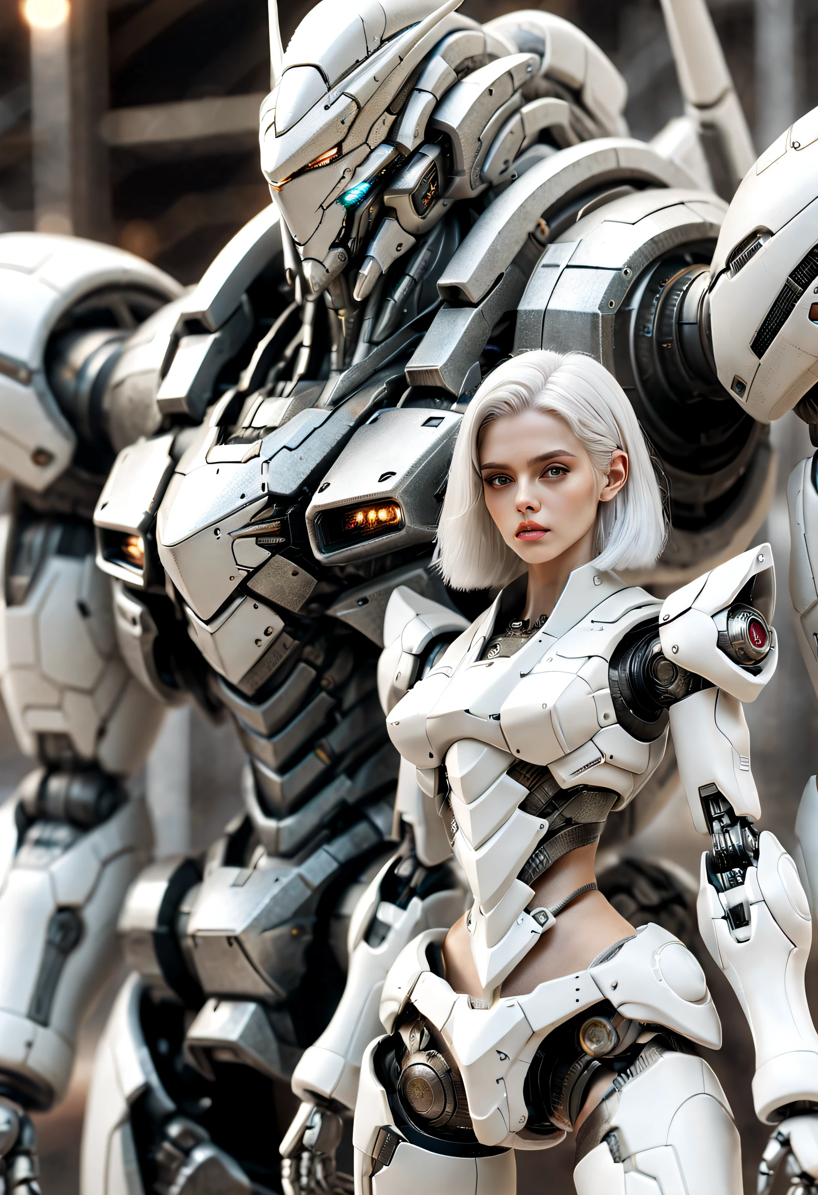 （（tmasterpiece，best qualtiy）），Beautiful 8K Ultra HD professional photos, Sharp focus, In a stunning fantasy world,Fully armed silver-haired girl and large mechanical robot structure，anatomy correct，Interstellar，Endless space，ssee-through，depth of fields，Magnificent space image scene，