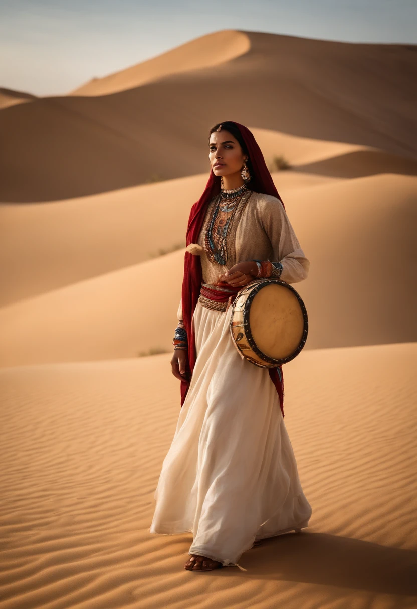Alafi woman in traditional costume holding a small drum in the desert, a young woman in shamanic costume, a girl holding a sphere, the scenery of the film Silk Road, beautiful youth, portrait shot, ancient princess Lieb, the vanishing line of the desert is below the woman's waist, the sky is clear and transparent.