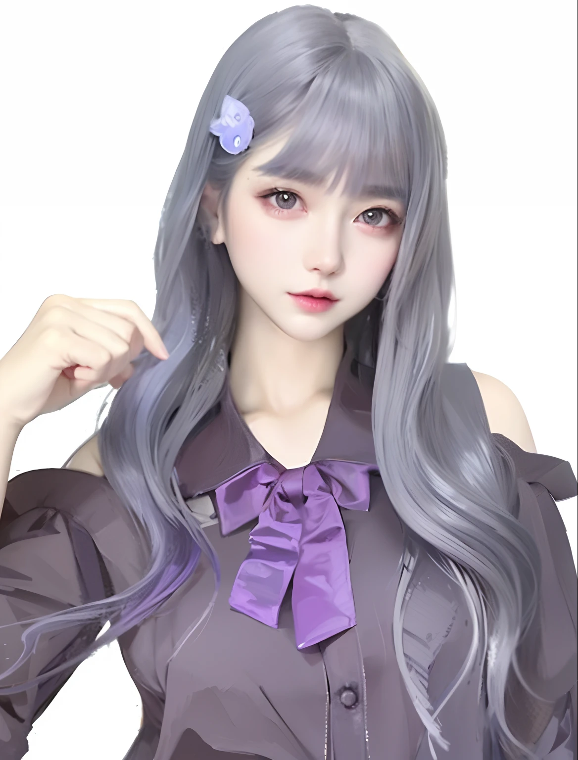 Close up portrait of long-haired woman wearing purple bow, white hime cut hairstyle, sakimichan, light gray long hair, hime-cut, Gray color, real life anime girl, Girl Silver Hair, black hime-cut hair, Anime girl cosplay, shikamimi, Violet Longhair, cloudy grey hair, kawaii hair style