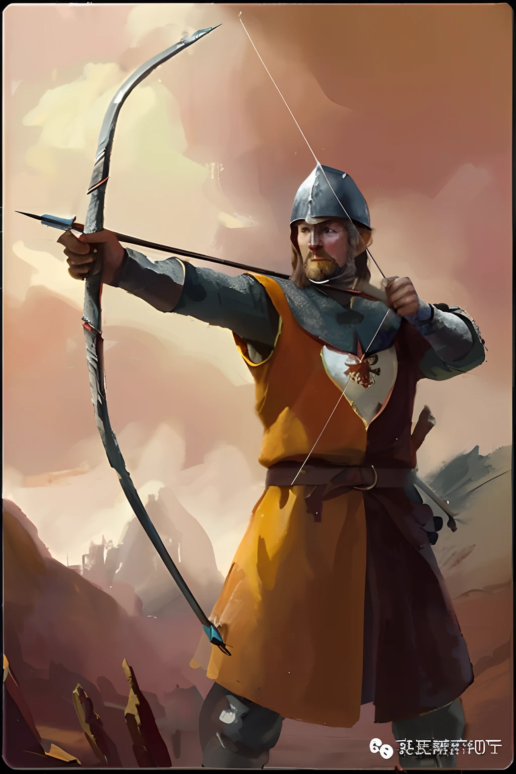 Middle Ages style，English longbowmen，Armed with a bow and arrow，Draw a bow and shoot arrows，standing in grassy field，infantry，