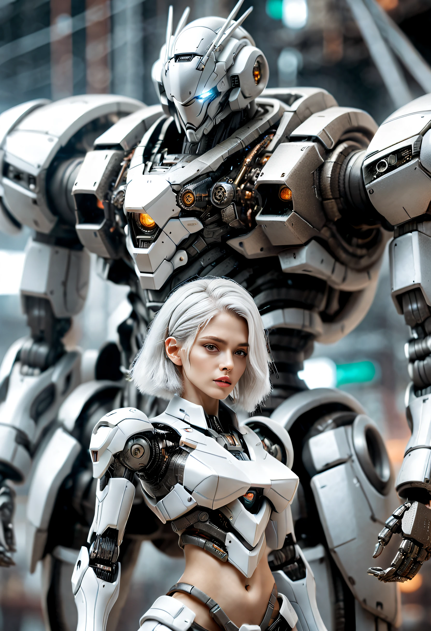 （（tmasterpiece，best qualtiy）），Beautiful 8K Ultra HD professional photos, Sharp focus, In a stunning fantasy world,Fully armed silver-haired girl and large mechanical robot structure，anatomy correct，Interstellar，Endless space，ssee-through，depth of fields，Magnificent space image scene，