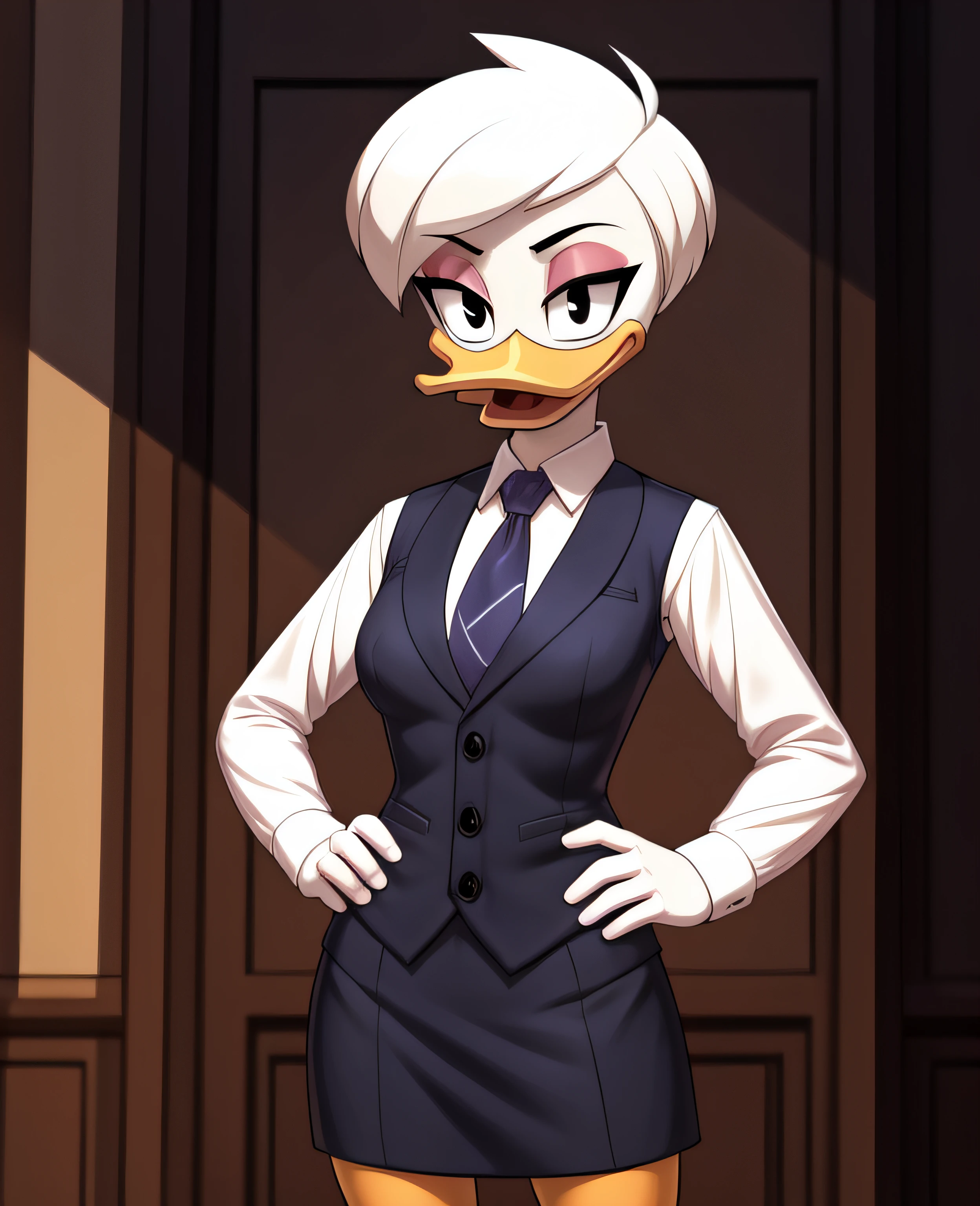 (ducktales:1.2) (ducktales:1.2) (by kyurisawa:1.2) (by chelodoy:1) (by ashraely:1) BREAK daisy duck, beak, white skin, white body, white hair, short hair, female, breasts, orange legs,  clothed, clothing, mouth closed, eyeliner, pink eyeshadow, black eyebrows, black eyes, inside, mansion, night (tired:1.3) looking at viewer, pinstripe skirt suit, (((three-piece suit))), (((necktie))), blazer, (((suit jacket))), (((suit shirt))), (((dress shirt))), (((waistcoat))), double-breasted waistcoat, bodycon miniskirt, pencil skirt, cufflinks, pocket square, tie clip, pocket watch, hand on hip, open mouth, tongue