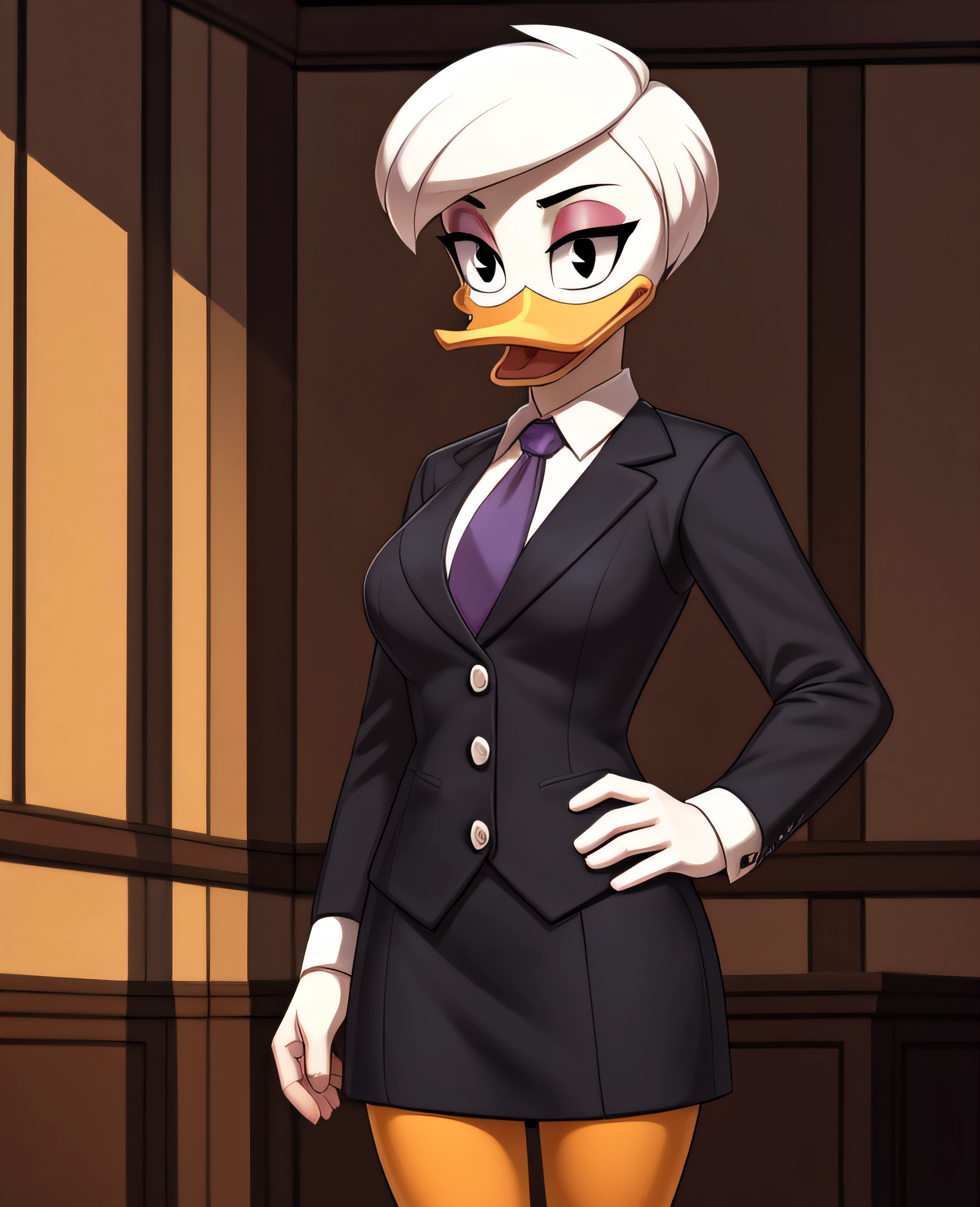 (ducktales:1.2) (ducktales:1.2) (by kyurisawa:1.2) (by chelodoy:1) (by ashraely:1) BREAK daisy duck, beak, white skin, white body, white hair, short hair, female, breasts, orange legs,  clothed, clothing, mouth closed, eyeliner, pink eyeshadow, black eyebrows, black eyes, inside, mansion, night (tired:1.3) looking at viewer, pinstripe skirt suit, (((three-piece suit))), (((necktie))), blazer, (((suit jacket))), (((suit shirt))), (((dress shirt))), (((waistcoat))), double-breasted waistcoat, bodycon miniskirt, pencil skirt, cufflinks, pocket square, tie clip, pocket watch, hand on hip, open mouth, tongue