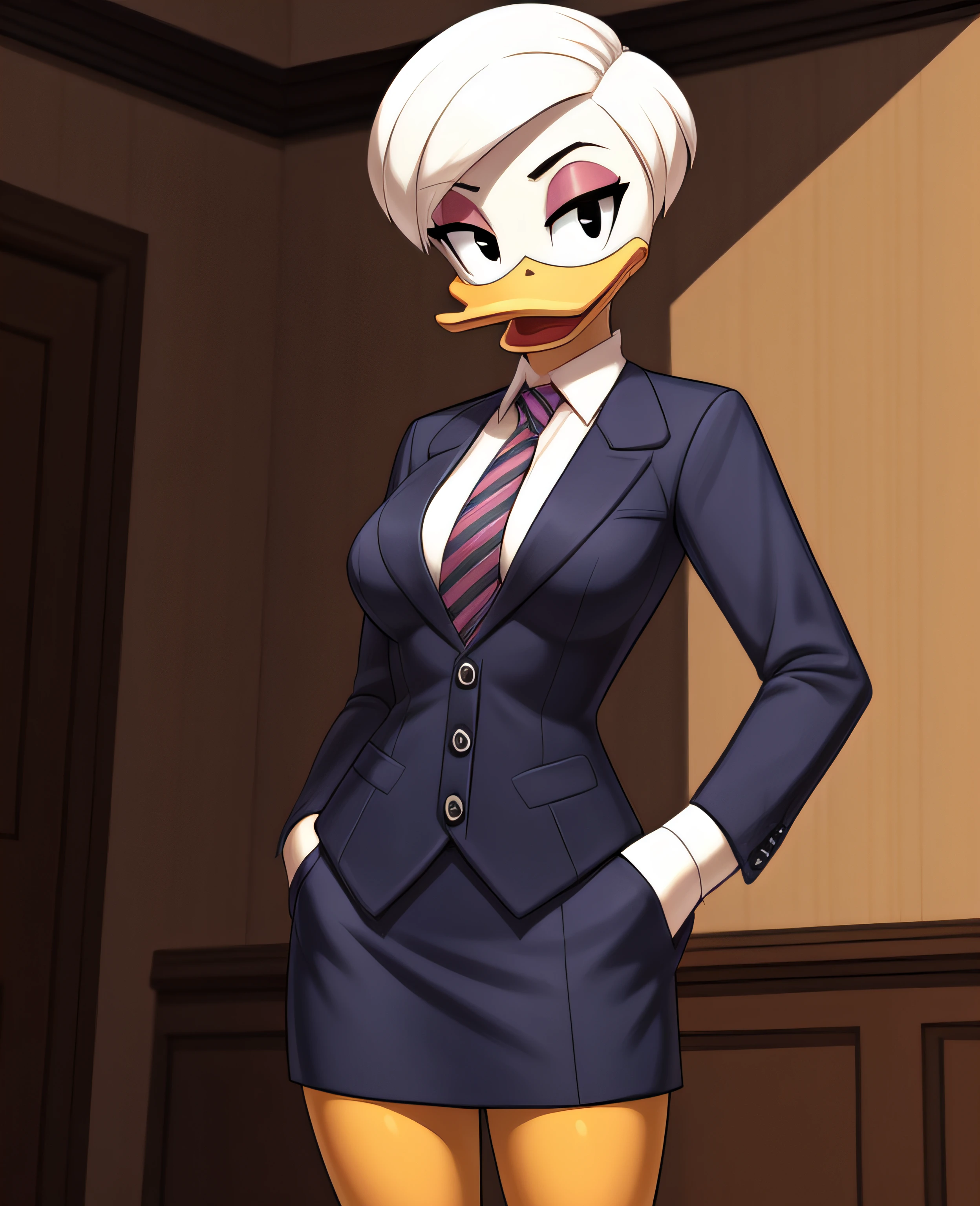 (ducktales:1.2) (ducktales:1.2) (by kyurisawa:1.2) (by chelodoy:1) (by ashraely:1) BREAK daisy duck, beak, white skin, white body, white hair, short hair, female, breasts, orange legs,  clothed, clothing, mouth closed, eyeliner, pink eyeshadow, black eyebrows, black eyes, inside, mansion, night (tired:1.3) looking at viewer, pinstripe skirt suit, (((three-piece suit))), (((necktie))), blazer, (((suit jacket))), (((suit shirt))), (((dress shirt))), (((waistcoat))), double-breasted waistcoat, bodycon miniskirt, pencil skirt, cufflinks, pocket square, tie clip, pocket watch, hand on hip, open mouth, tongue