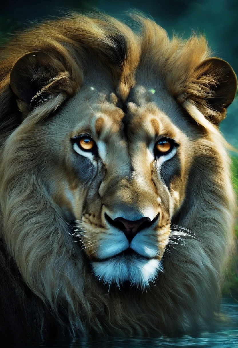 Silver lion, 5 eyes, drowning in a silver liquid