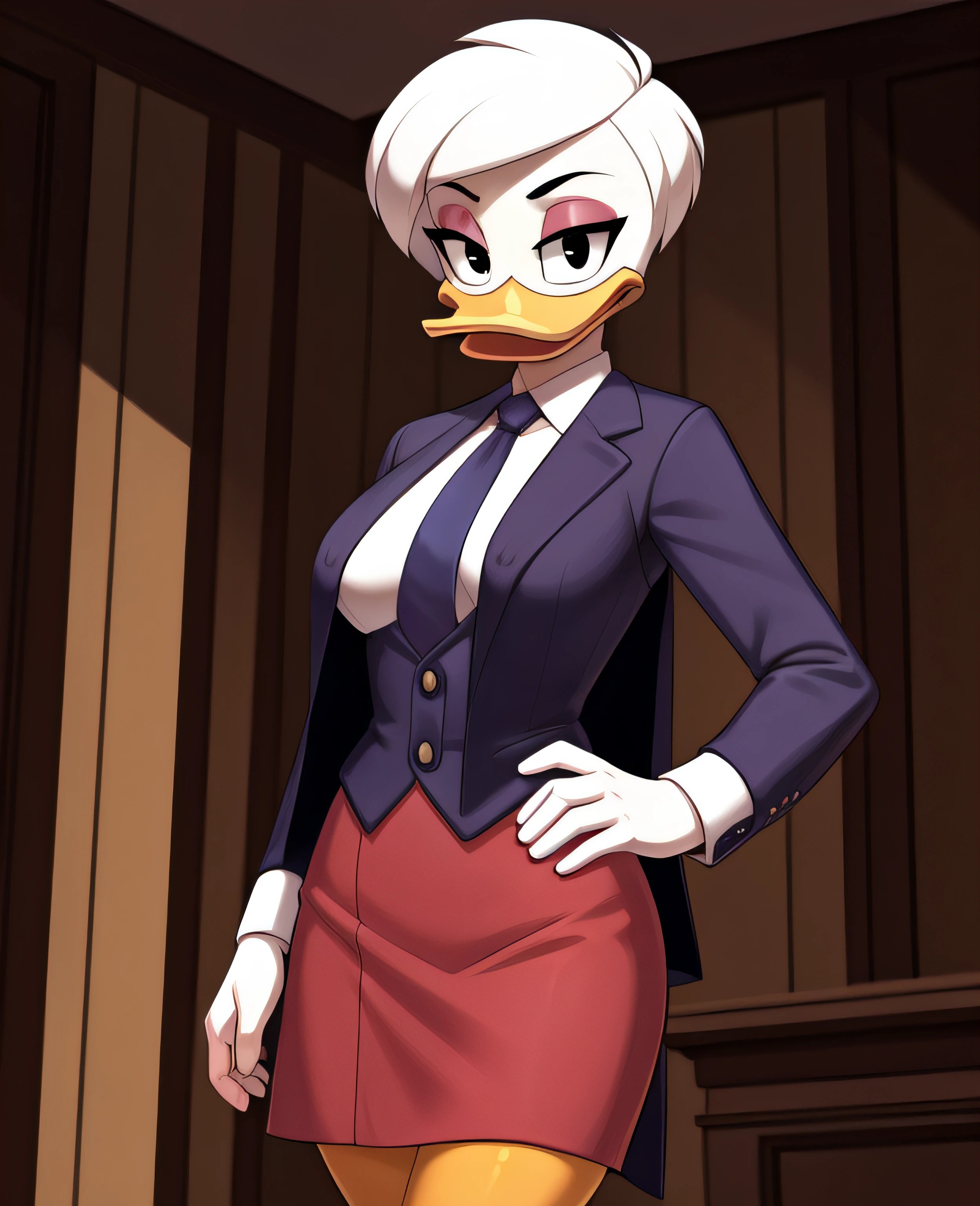 (ducktales:1.2) (ducktales:1.2) (by kyurisawa:1.2) (by chelodoy:1) (by ashraely:1) BREAK daisy duck, beak, white skin, white body, white hair, short hair, female, breasts, orange legs,  clothed, clothing, mouth closed, eyeliner, pink eyeshadow, black eyebrows, black eyes, inside, mansion, night (tired:1.3) looking at viewer, pinstripe skirt suit, (((three-piece suit))), (((necktie))), blazer, (((suit jacket))), (((suit shirt))), (((dress shirt))), (((waistcoat))), double-breasted waistcoat, bodycon miniskirt, pencil skirt, cufflinks, pocket square, tie clip, pocket watch, hand on hip, open mouth, tongue