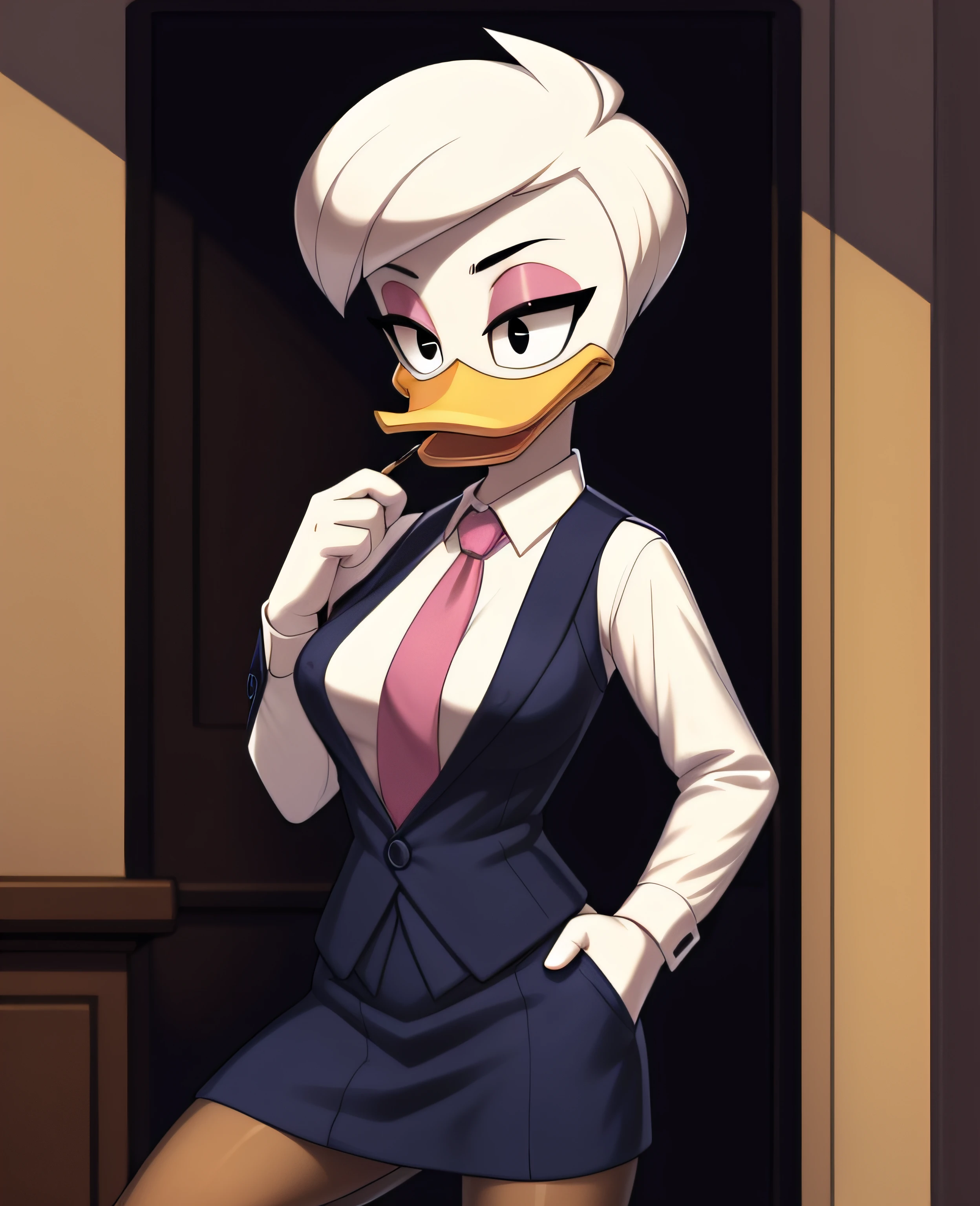 (ducktales:1.2) (ducktales:1.2) (by kyurisawa:1.2) (by chelodoy:1) (by ashraely:1) BREAK daisy duck, beak, white skin, white body, white hair, short hair, female, breasts, orange legs,  clothed, clothing, mouth closed, eyeliner, pink eyeshadow, black eyebrows, black eyes, inside, mansion, night (tired:1.3) looking at viewer, skirt suit, (((three-piece suit))), (((necktie))), blazer, (((suit jacket))), (((suit shirt))), (((dress shirt))), (((waistcoat))), double-breasted waistcoat, bodycon miniskirt, pencil skirt, cufflinks, pocket square, tie clip, pocket watch, hand on hip, open mouth, tongue, kneeling, blowjob, blowbang, penis in mouth, handjob, bukkake, cum on face, facial, messy