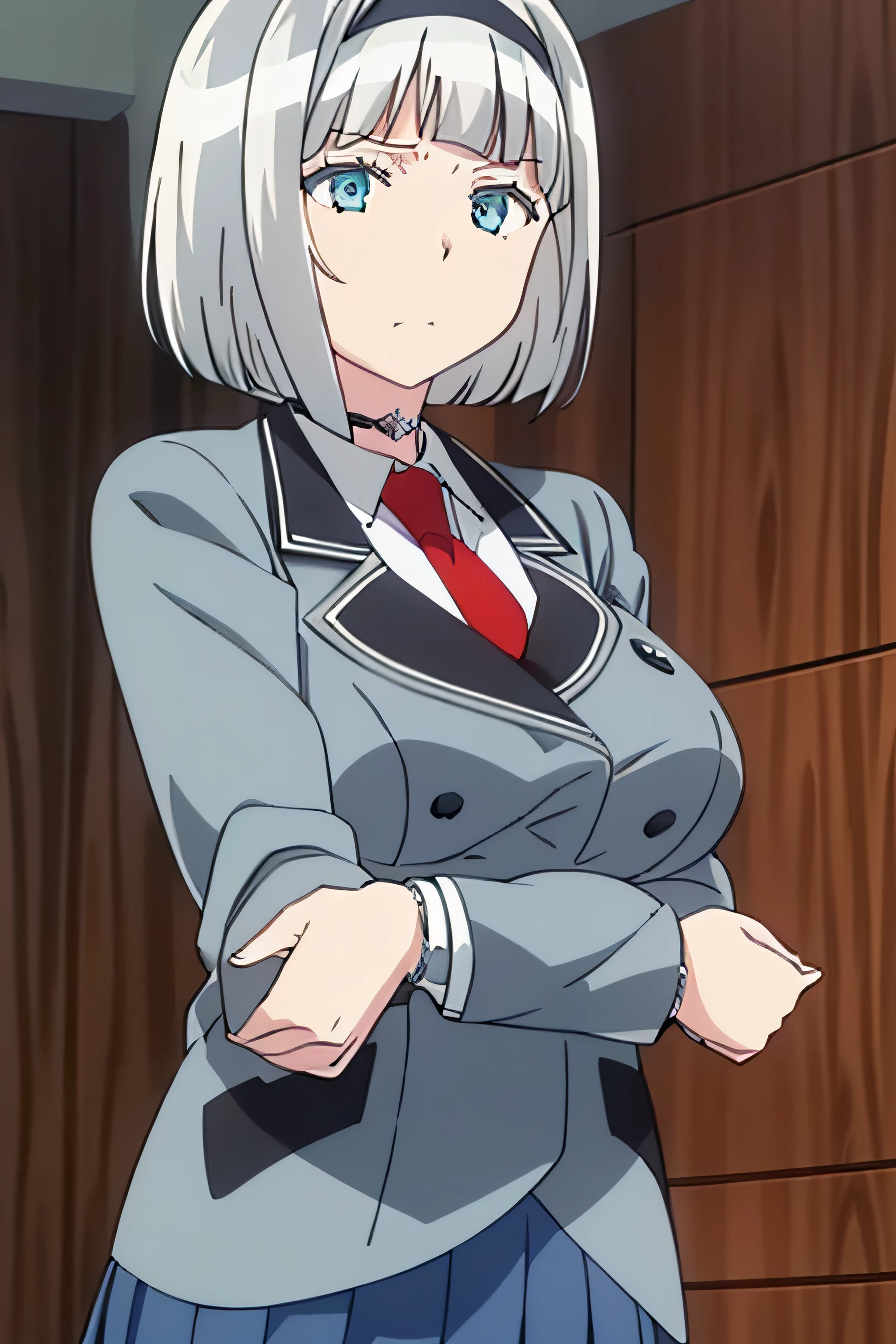 (masterpiece, best quality, ultra-detailed), AnnaNishikinomiya, white hair, aqua eyes, short hair, hairband, choker, large breasts, school uniform, grey jacket, white shirt, red necktie, blue skirt, jacket close, large skirt