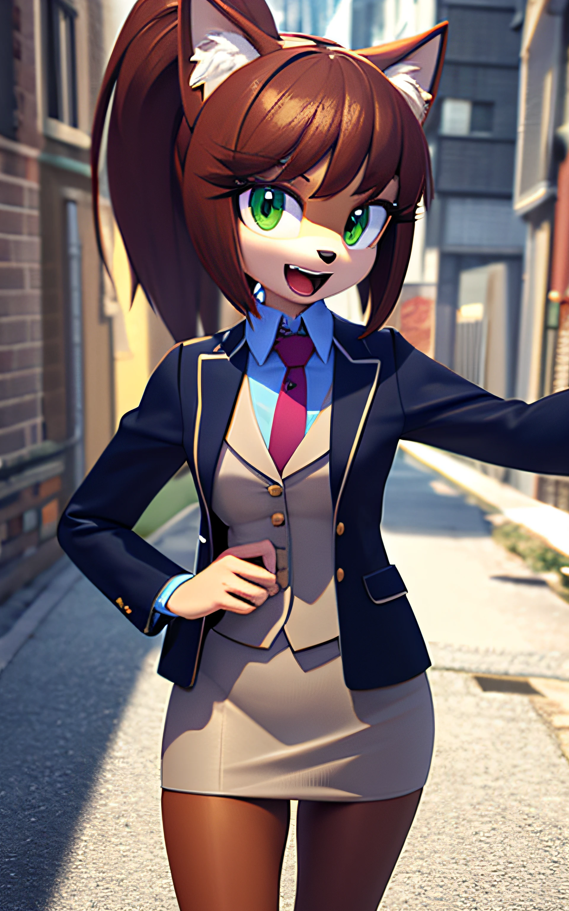 ((masterpiece, best quality:1.4)), bokeh, ((fluffy)), 3d,
sonic \(series\),
furry female, solo, cowboy shot, fox girl, smile, looking at viewer, open mouth, teeth, tail,
brown hair, light brown fur, long hair, ponytail, bangs, green eyes,
skirt suit, (((three-piece suit))), (((necktie))), blazer, (((suit jacket))), (((waistcoat))), double-breasted waistcoat, bodycon miniskirt, pencil skirt,
alleyway,