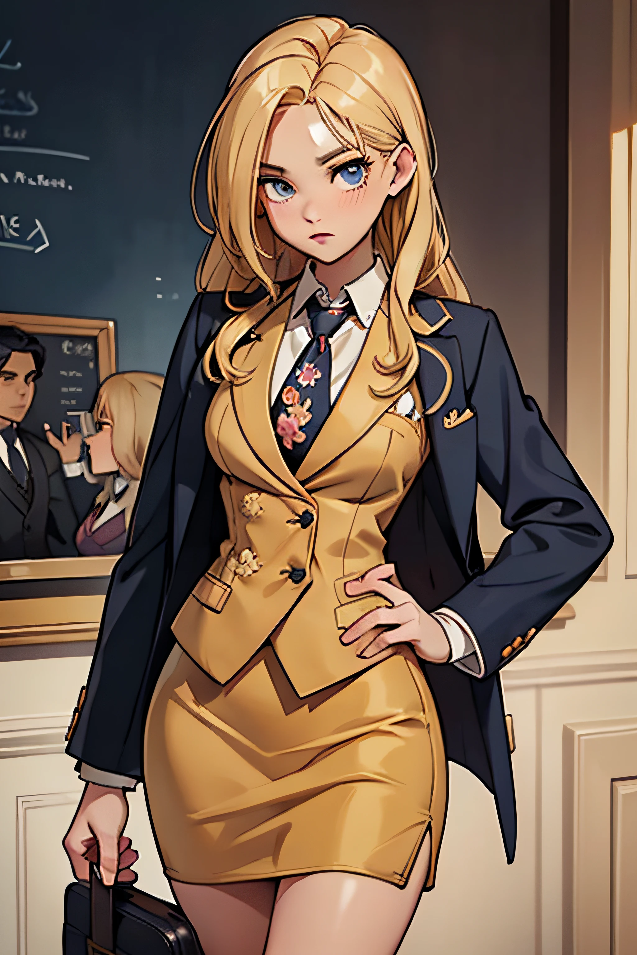 blonde, long hair, intern, papers, skirt suit, (((three-piece suit))), (((necktie))), blazer, (((suit jacket))), (((waistcoat))), double-breasted waistcoat, bodycon miniskirt, pencil skirt, office, surprise,floral pattern