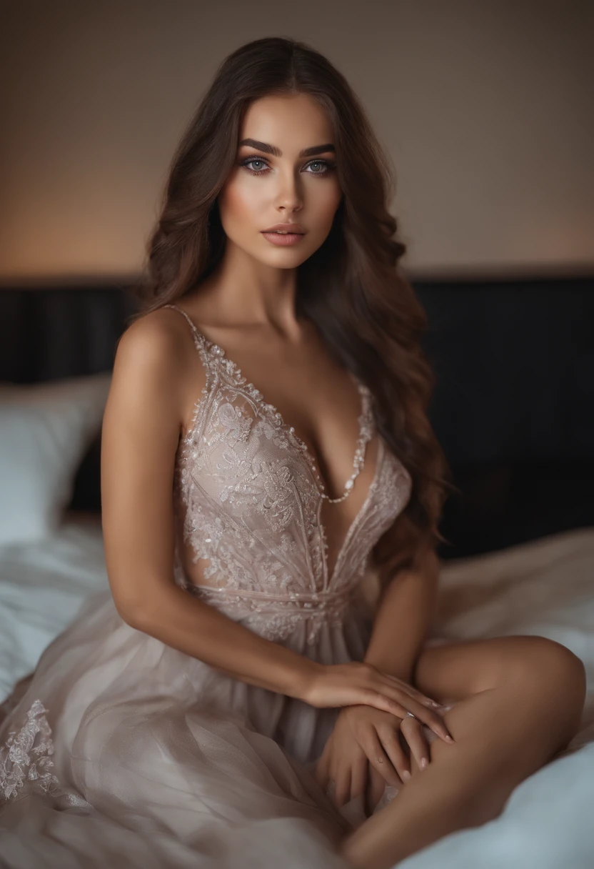 Arafed woman in full , Sexy girl with brown eyes, Ultra realist, Meticulous detail, portrait sophie mudd, brown hair and large eyes, selfie of a young woman, Dubai's Eyes, violet myers, no makeup, natural makeup, looking straight at camera, face with artgram, fine makeup, Excellent full body photography, kneeling on the bed, in a room, Medium to large bust