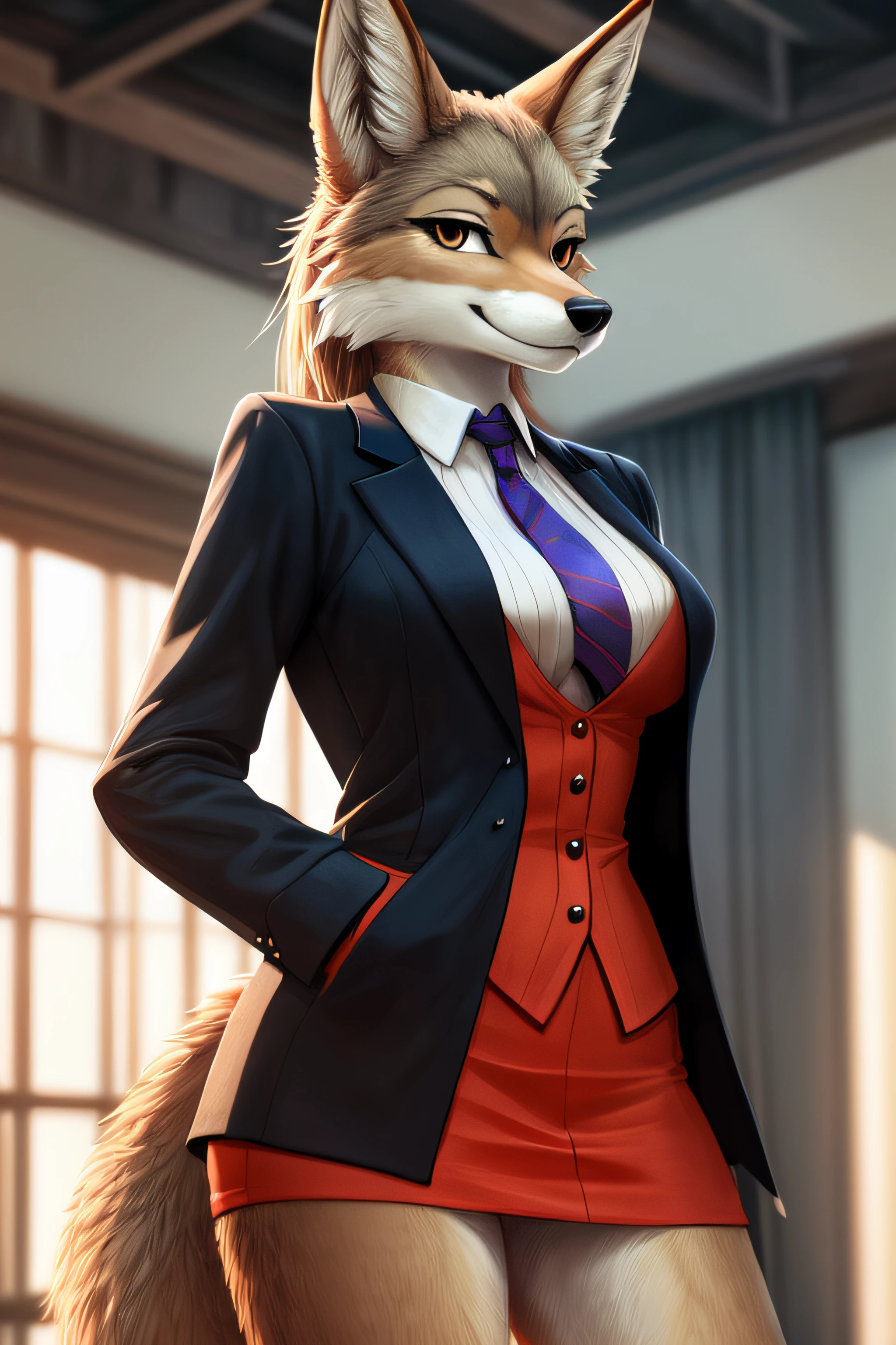 (hi res), ((masterpiece)), ((best quality)),kemono, coyote, animal ears, body fur, 1girl, solo, tan hair, *//*, brown eye, *//*, looking at viewer, smile, fox, (female), skirt suit, (((three-piece suit))), (((necktie))), blazer, (((suit jacket))), (((waistcoat))), double-breasted waistcoat, bodycon miniskirt, pencil skirt, Red shading, (detailed background, depth of field, half body shadow, sunlight, ambient light on the body), (intricate:0.1), (high detail:1.3), (unreal engine:0.5), (soft focus:0.2), ,((half-length portrait, three-quarter view,cowboy shot)) ,(soft ambient lighting:0.3, kemono coyote, furry coyote nose, ((tan fur))