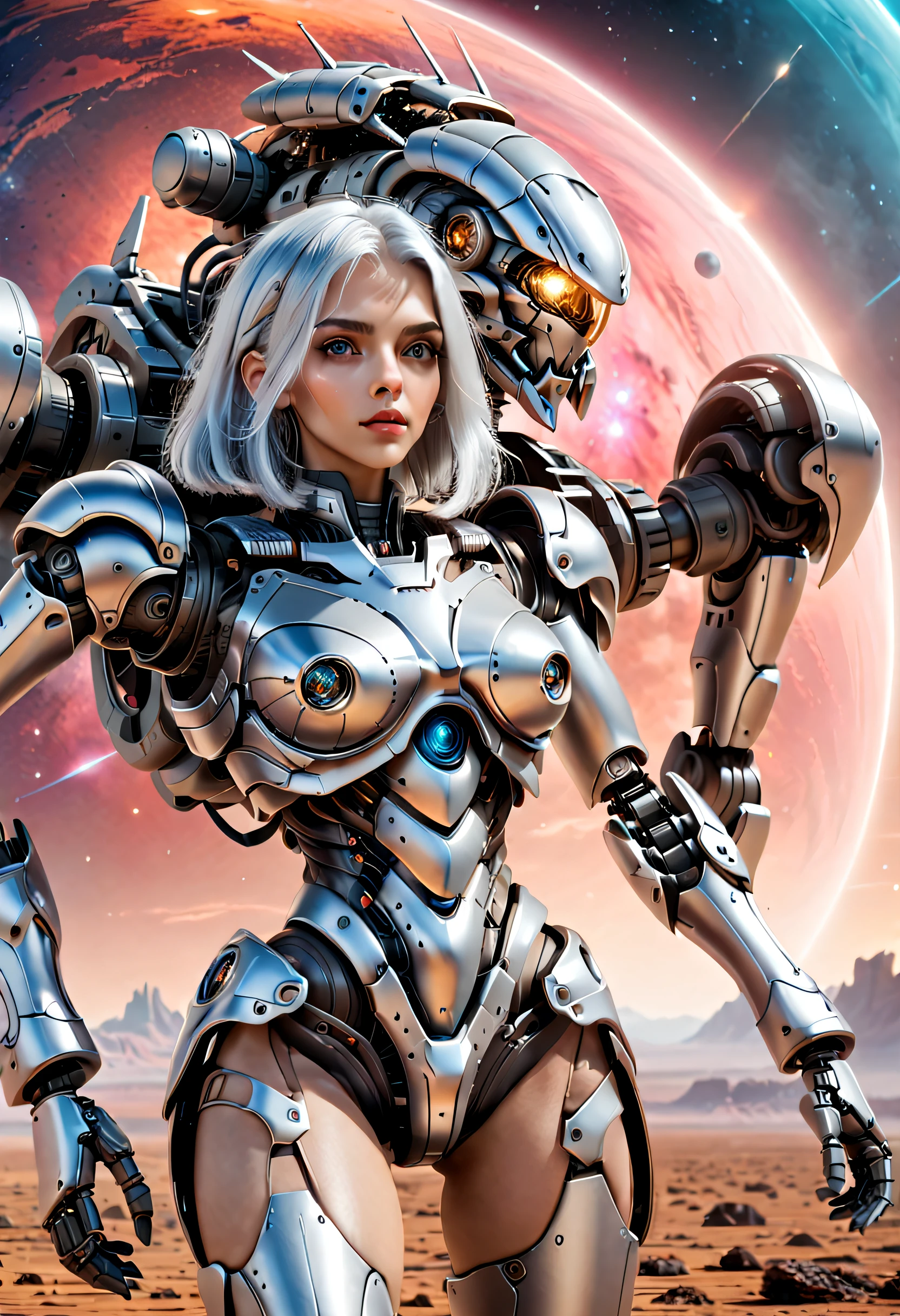 （（tmasterpiece，best qualtiy）），Beautiful 8K Ultra HD professional photos, Sharp focus, In a stunning fantasy world,Fully armed silver-haired girl and large mechanical robot structure，anatomy correct，Interstellar，Endless space，ssee-through，depth of fields，Magnificent space image scene，