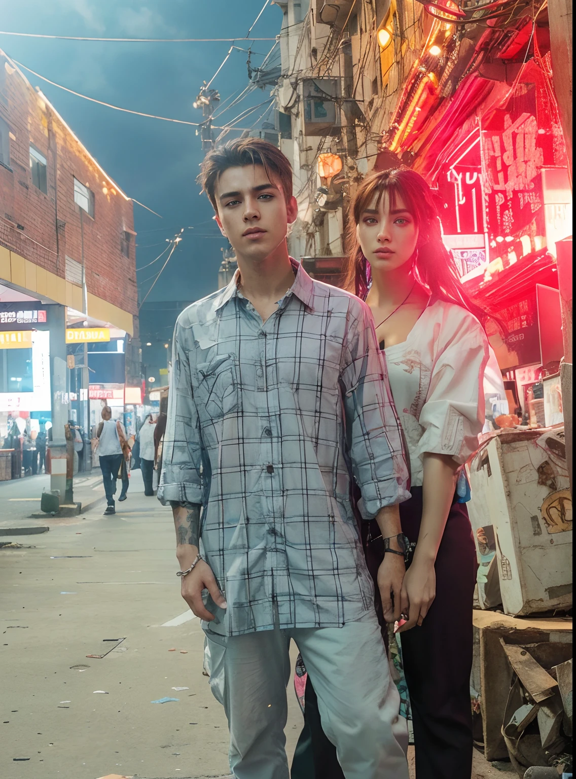 Change background cyberpunk handsome and beautiful boy and girl . realistic face 8k ultra realistic,
