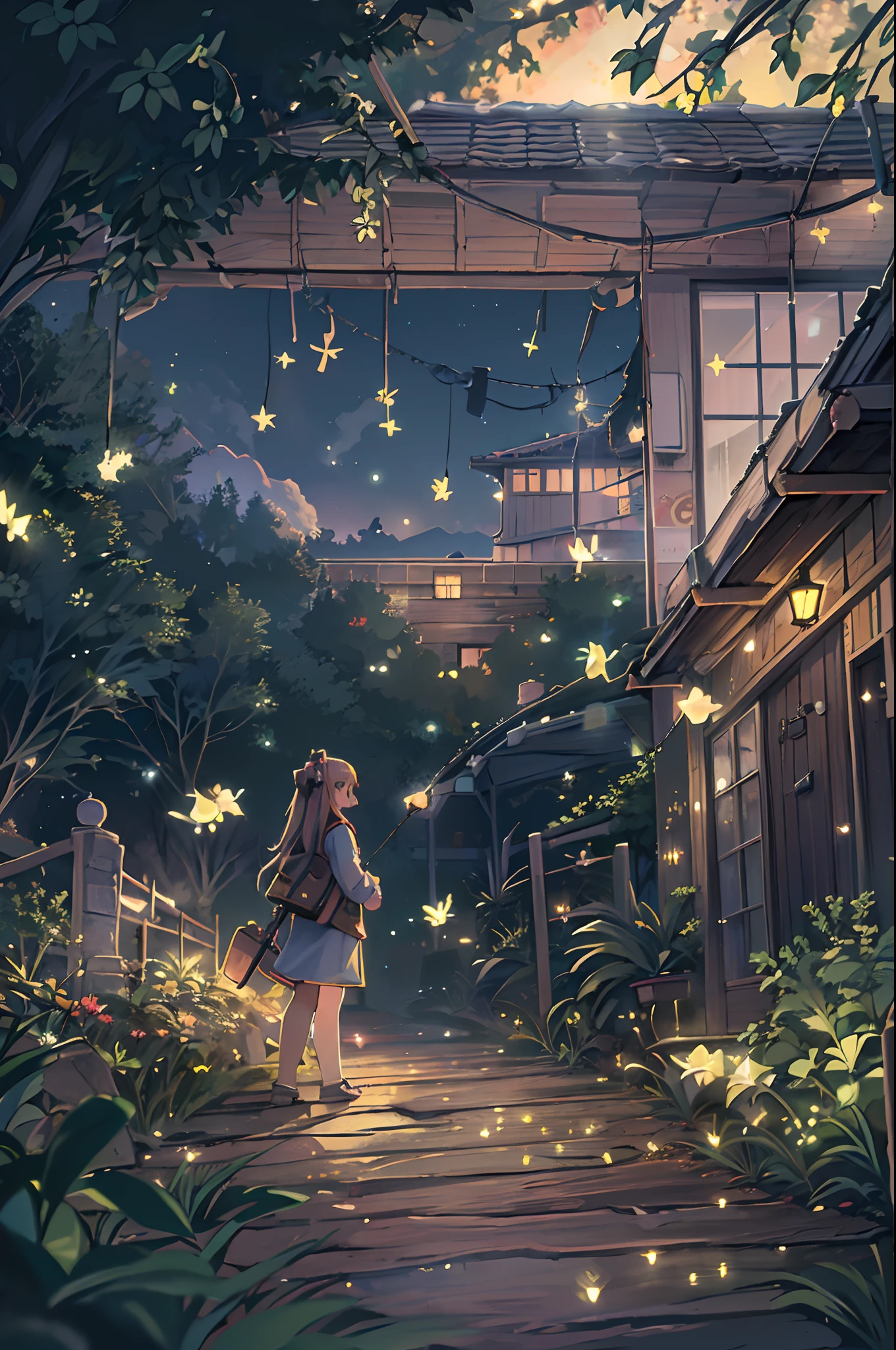 (8K, of the highest quality, masutepiece: 1.2), (Realistic, Photorealistic: 1.37), Super Detail, One girl, Wide-angle angle of view, Firefly Garden, There are many small faint lights and fireflies flying around, Night