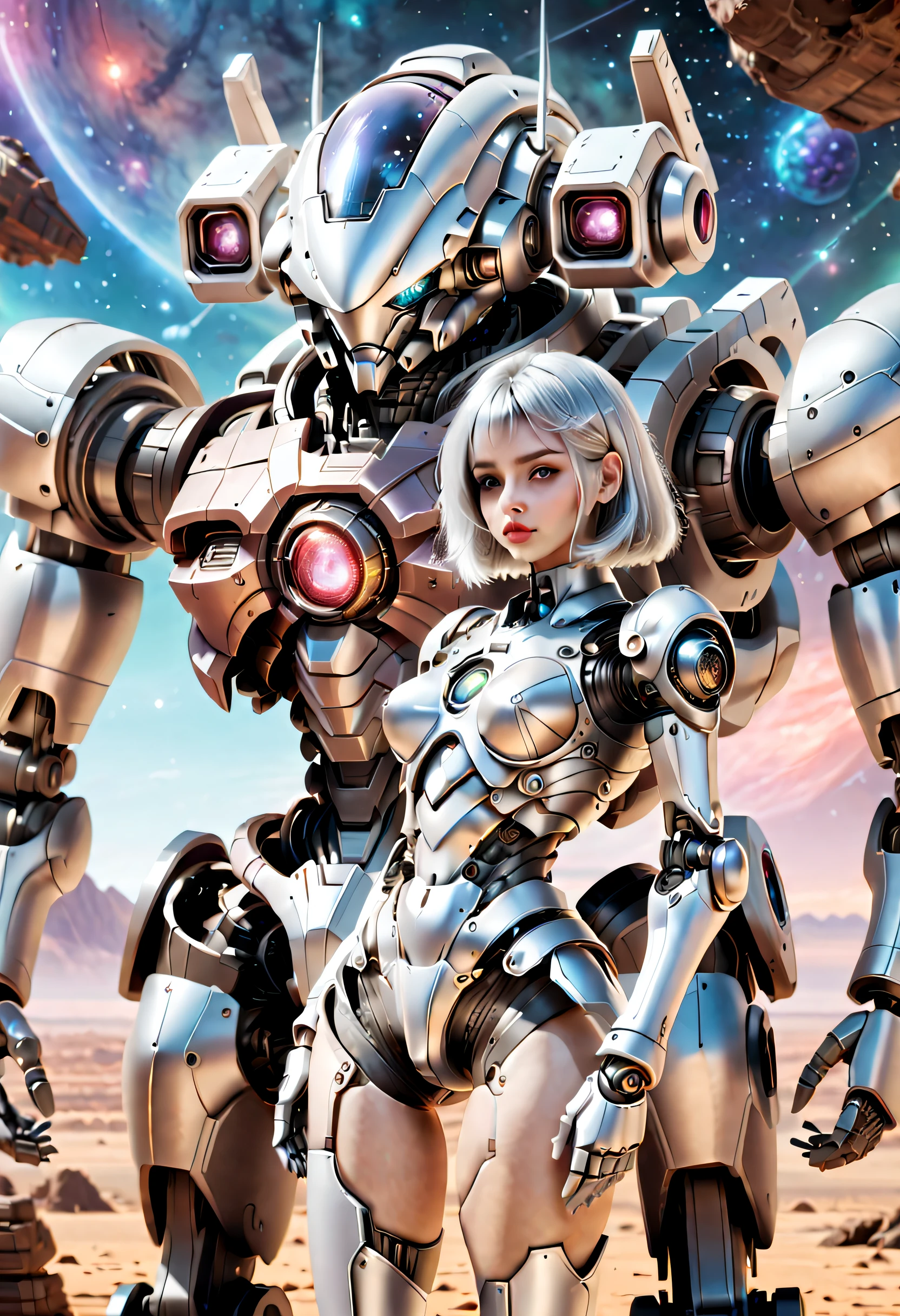 ((tmasterpiece,best qualtiy)),Beautiful 8K Ultra HD professional photos, Sharp focus, In a stunning fantasy world, Cute silver-haired girl and large mechanical robot structure,anatomy correct,Interstellar,Endless space,ssee-through,depth of fields,Magnificent space image scene,