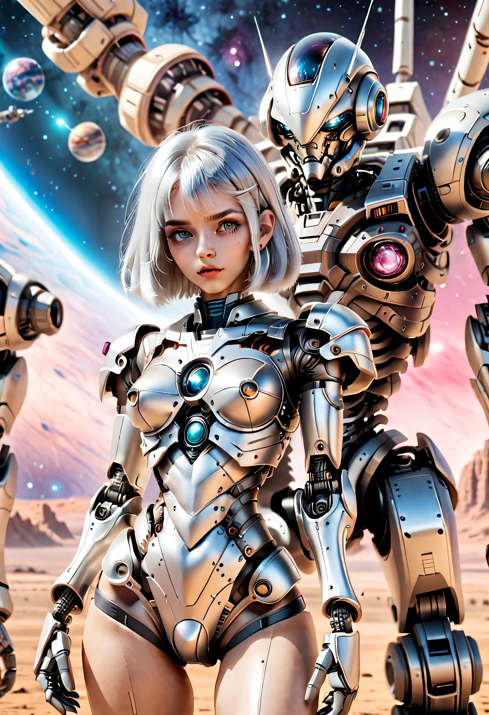 （（tmasterpiece，best qualtiy）），Beautiful 8K Ultra HD professional photos, Sharp focus, In a stunning fantasy world, Cute silver-haired girl and large mechanical robot structure，anatomy correct，Interstellar，Endless space，ssee-through，depth of fields，Magnificent space image scene，