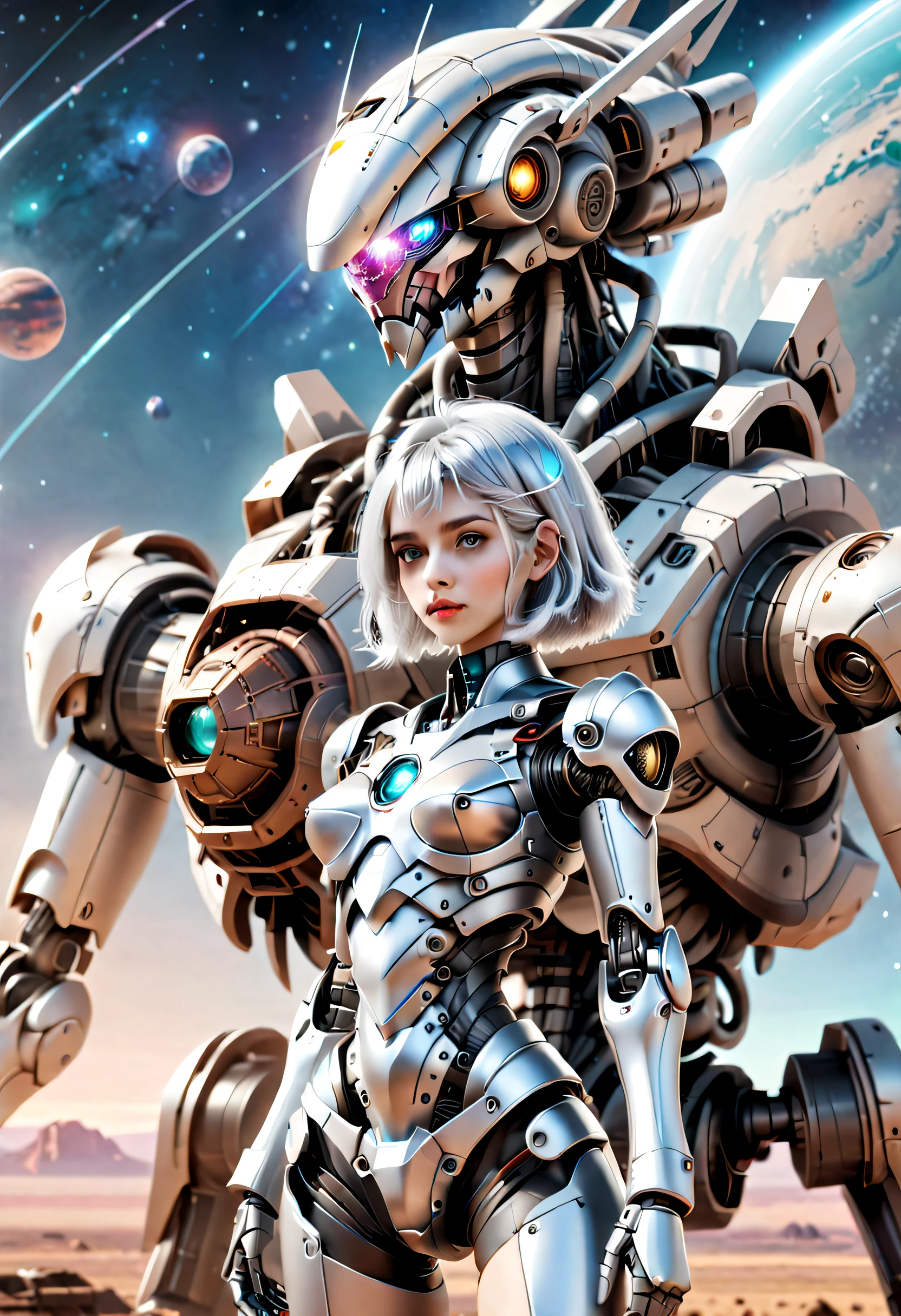 （（tmasterpiece，best qualtiy）），Beautiful 8K Ultra HD professional photos, Sharp focus, In a stunning fantasy world, Cute silver-haired girl and large mechanical robot structure，anatomy correct，Interstellar，Endless space，ssee-through，depth of fields，Magnificent space image scene，