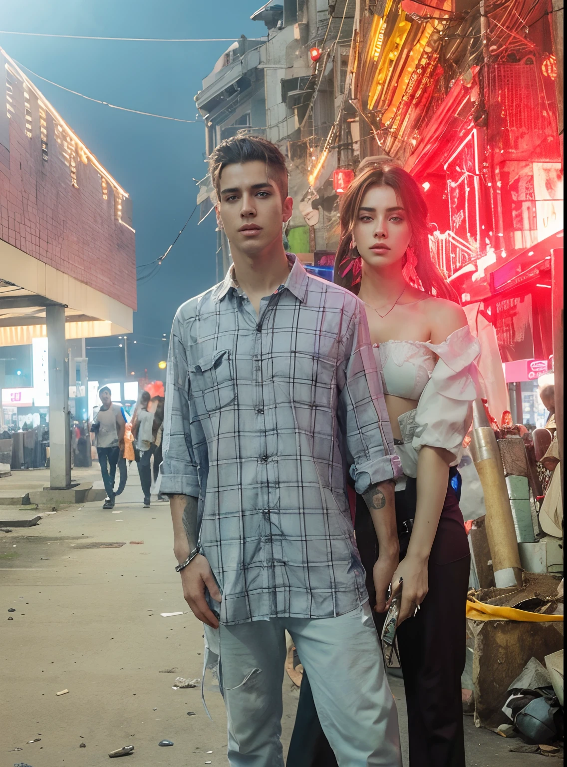 Change background cyberpunk handsome and beautiful boy and girl . realistic face 8k ultra realistic,