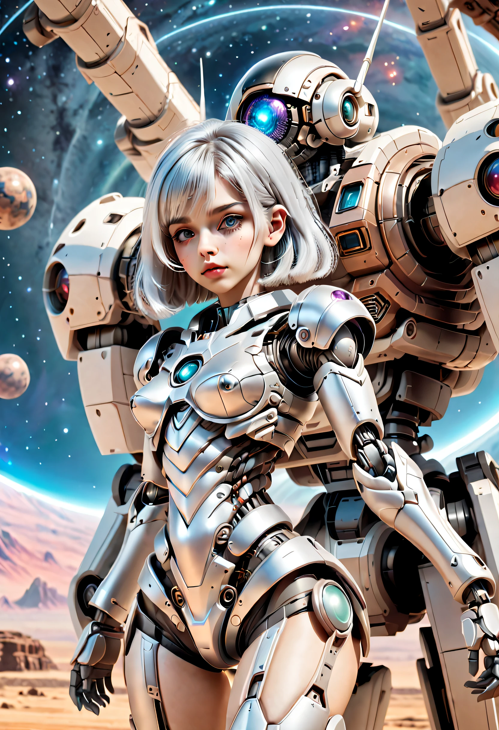 （（tmasterpiece，best qualtiy）），Beautiful 8K Ultra HD professional photos, Sharp focus, In a stunning fantasy world, Cute silver-haired girl and large mechanical robot structure，anatomy correct，Interstellar，Endless space，ssee-through，depth of fields，Magnificent space image scene，