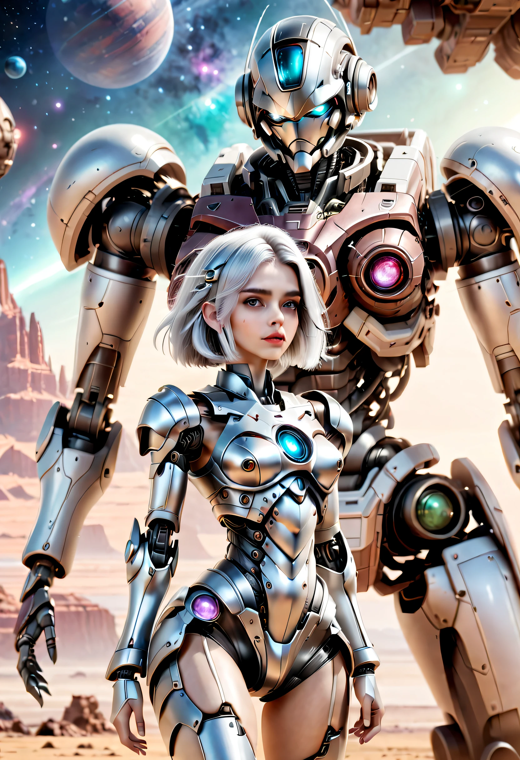 ((tmasterpiece,best qualtiy)),Beautiful 8K Ultra HD professional photos, Sharp focus, In a stunning fantasy world, Cute silver-haired girl and large mechanical robot structure,anatomy correct,Interstellar,Endless space,ssee-through,depth of fields,Magnificent space image scene,